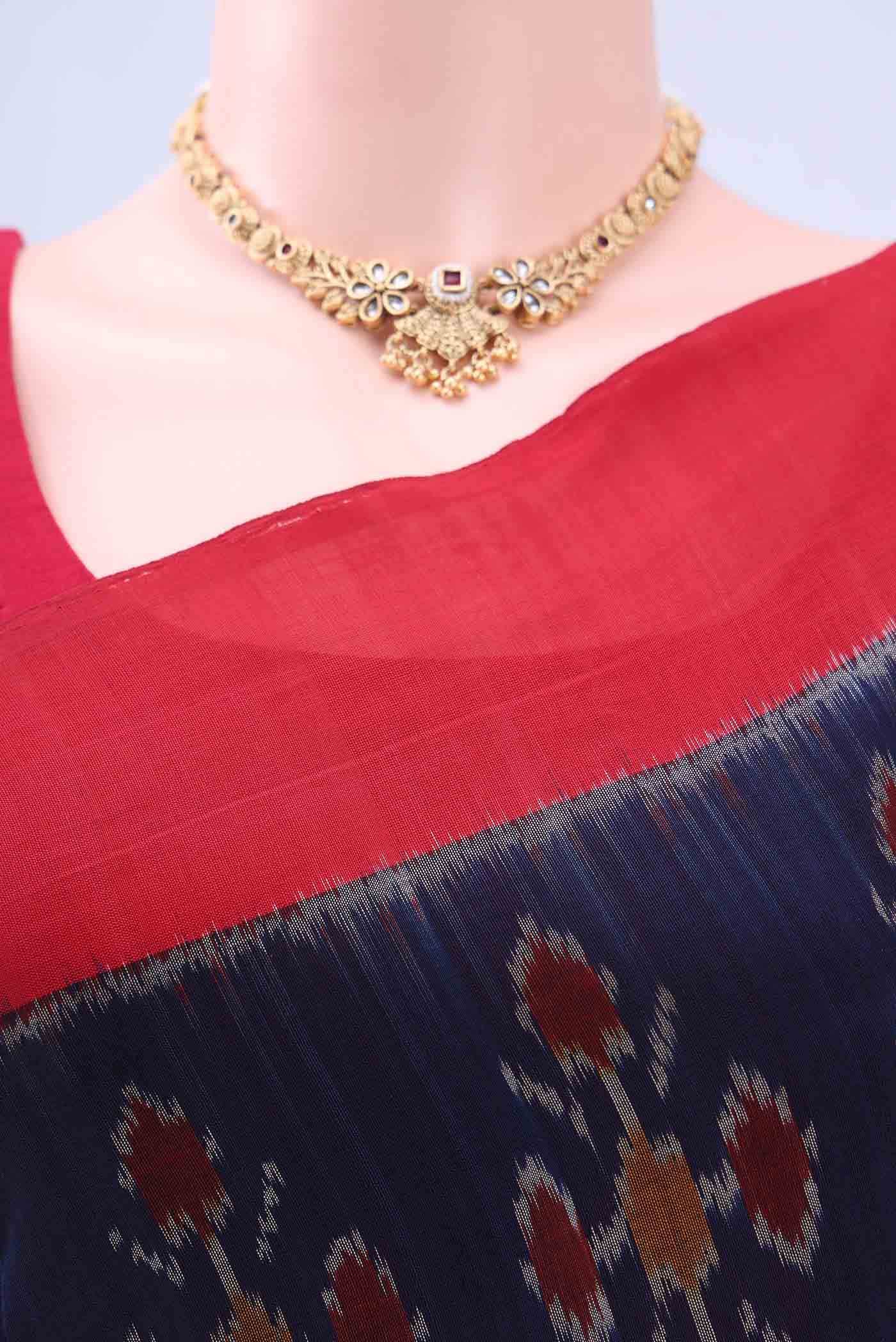 Navy Blue Pochampally Cotton Saree - Image 3