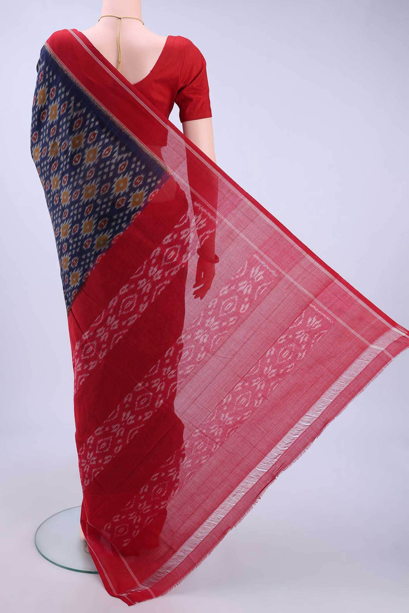 Navy Blue Pochampally Cotton Saree - Image 2