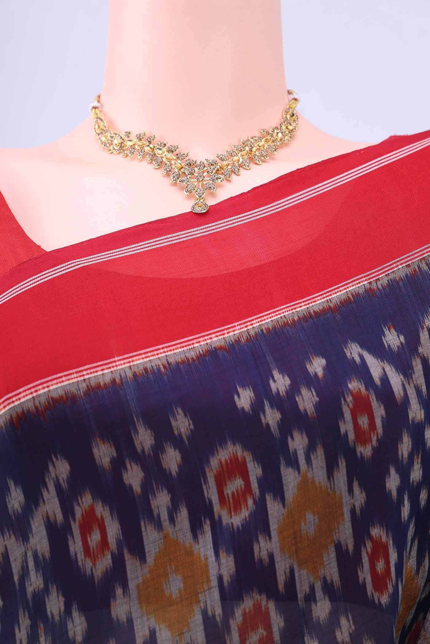 Navy Blue Pochampally Cotton Saree - Image 3