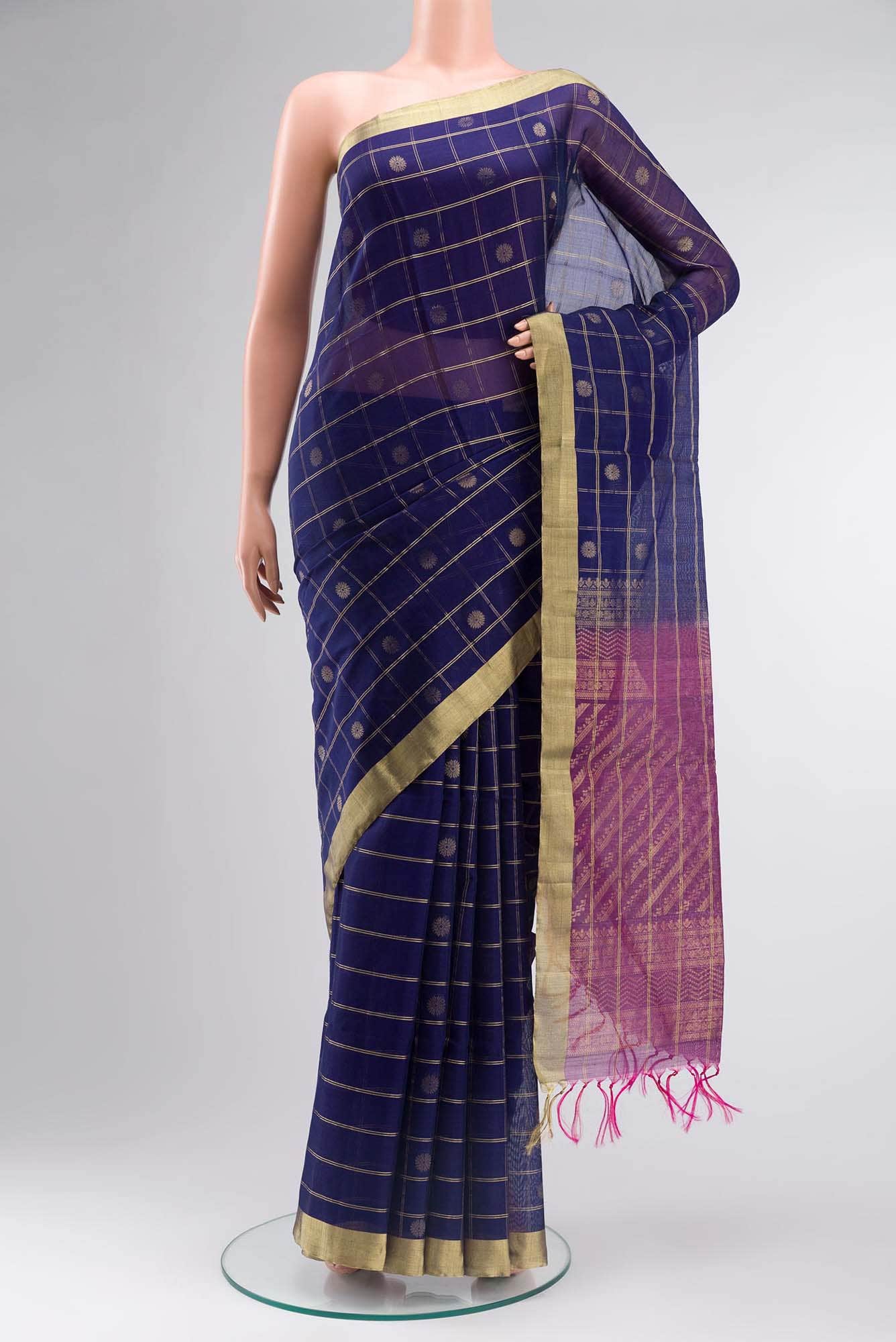 Navy Blue Silk Cotton Saree - Image 4