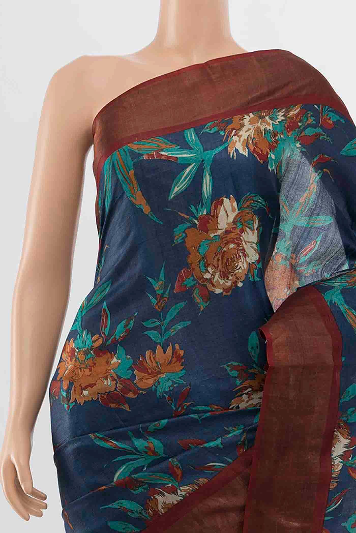 Navy Blue Tussar Silk Saree - Image 2