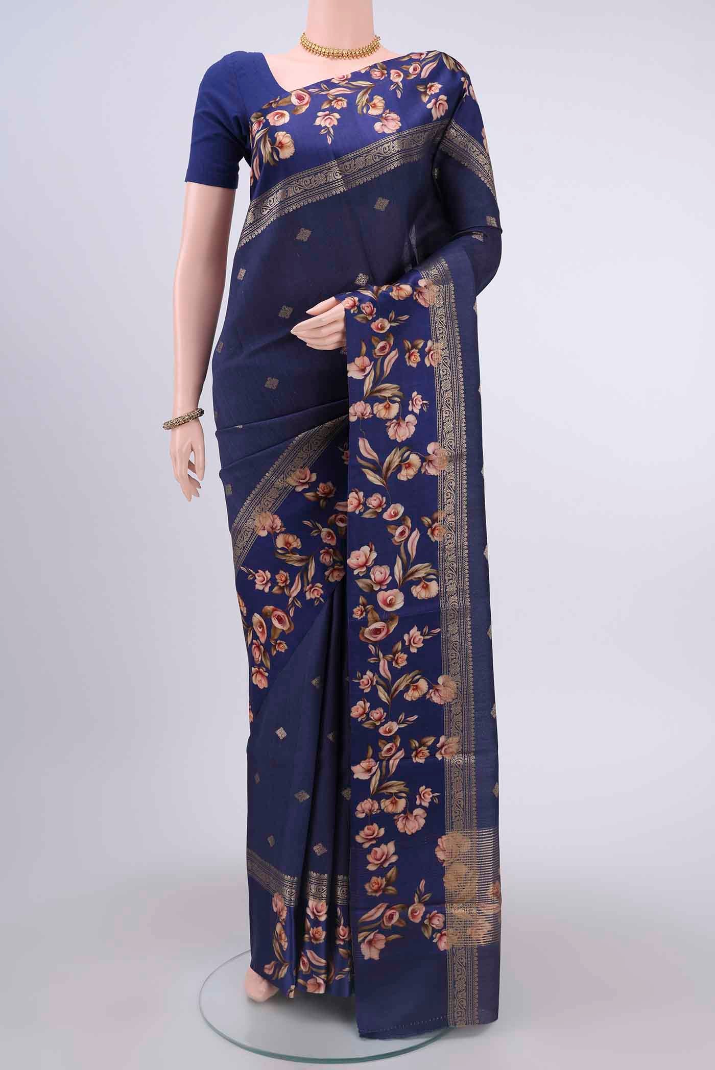 Navy Blue Tussar Silk Saree