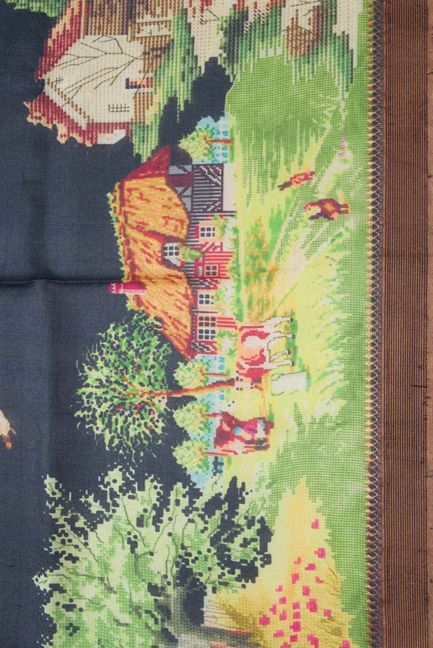 Navy Blue Tussar Silk Saree - Image 3