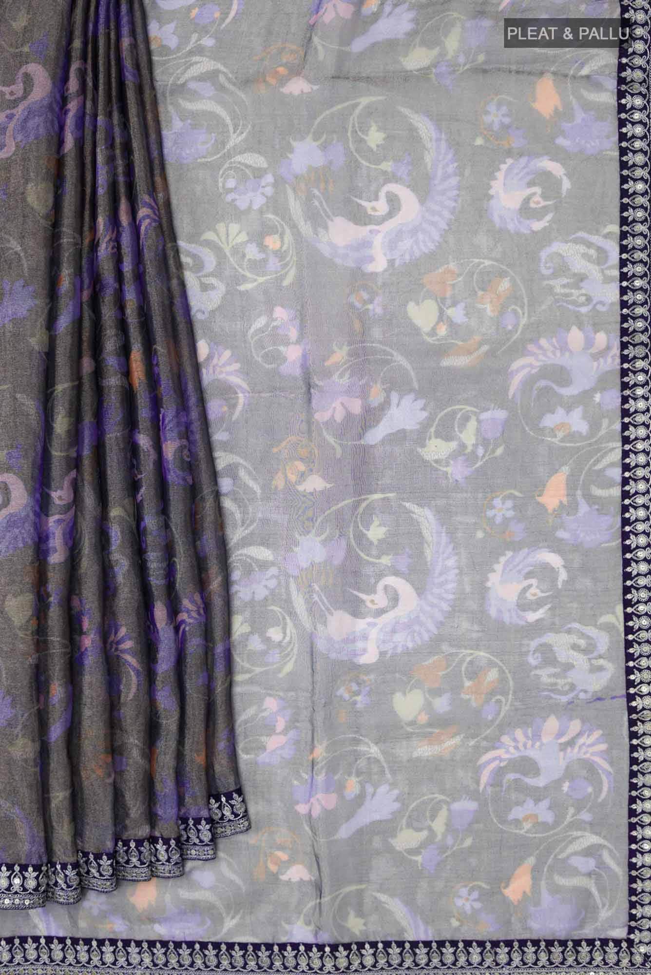 Navy Blue with Silver Dual Tone Organza Silk Saree - Image 2