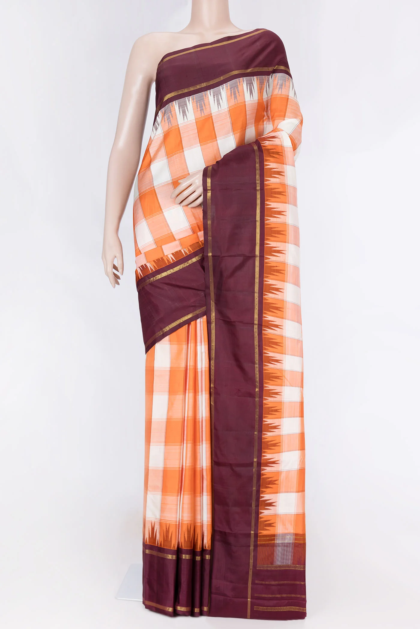 Off white and Orange Color Kanjivaram Saree