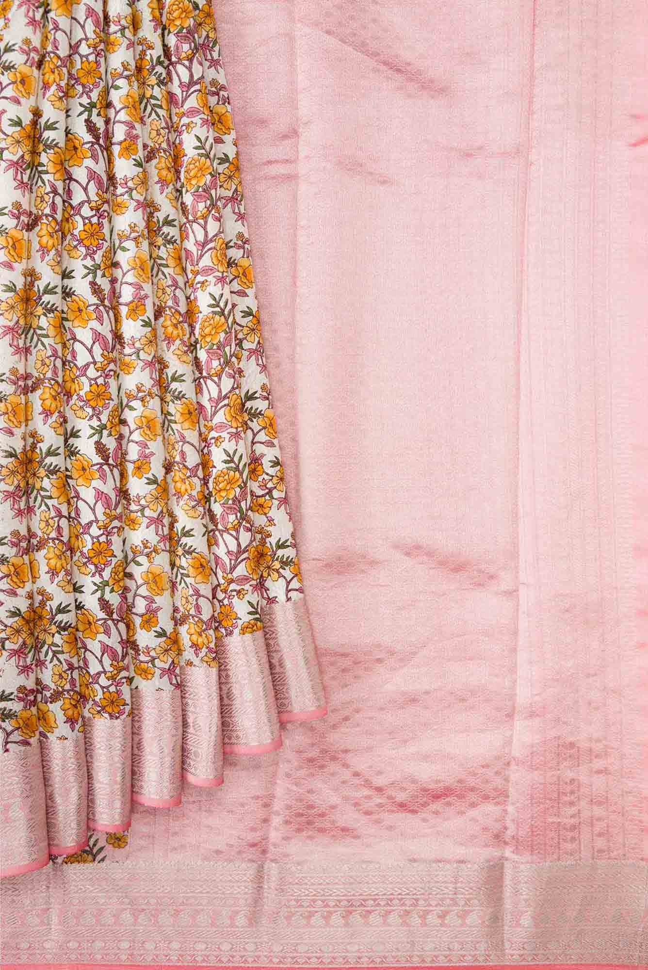 Off White Dual Tone Printed Silk Saree - Image 2