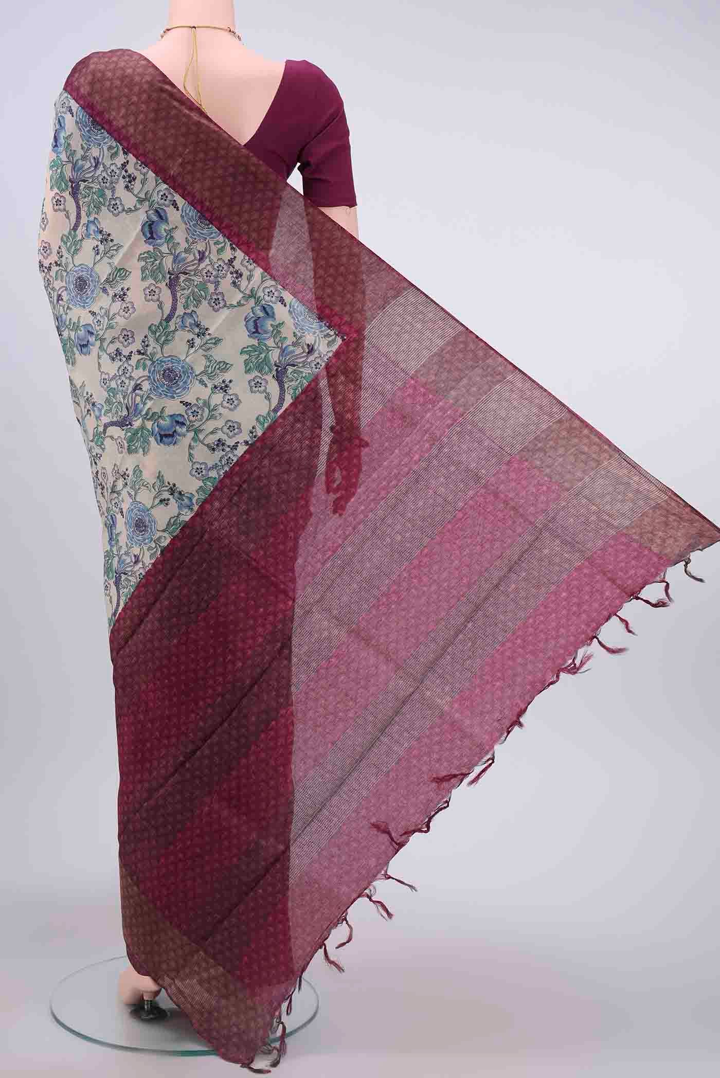 Off White Dual Tone Tussar Silk Saree - Image 3