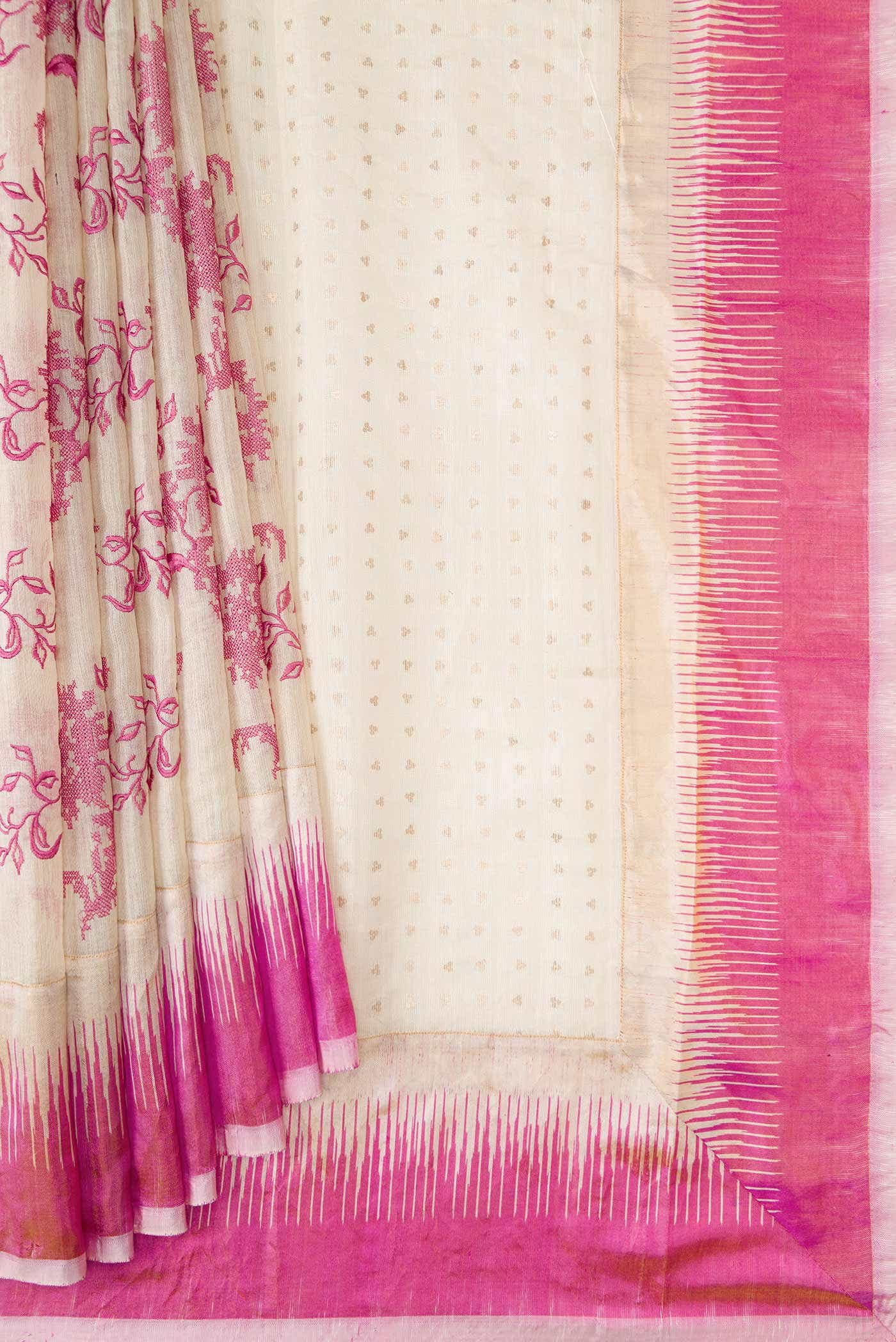 Off White Dual Tone Tussar Silk Saree - Image 2