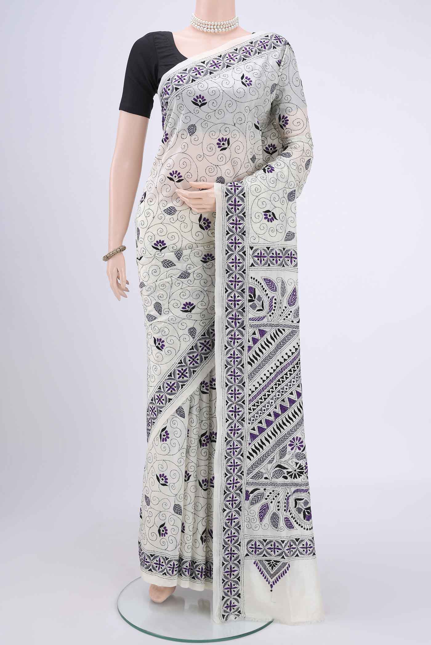 Off White Kantha Silk Saree