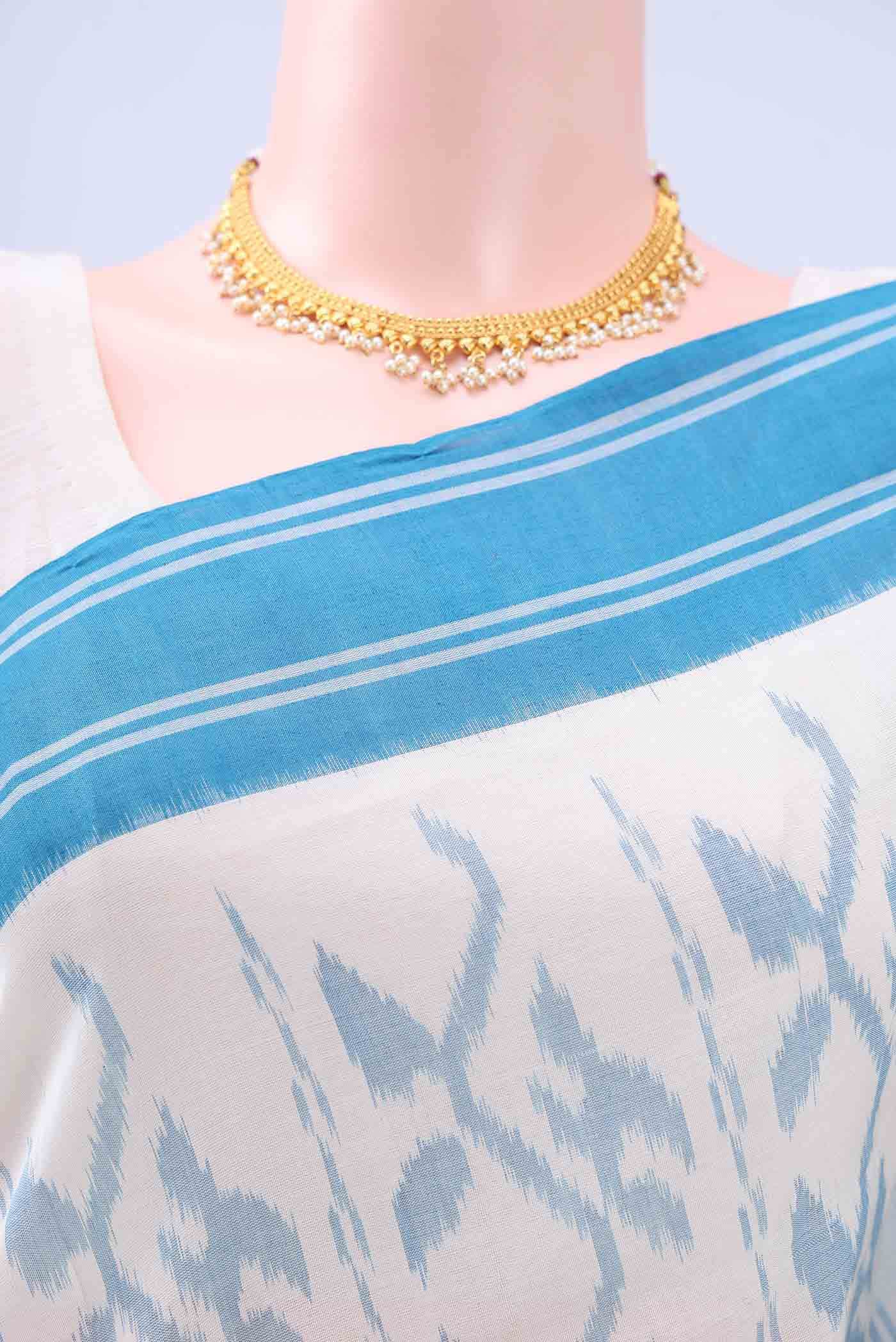 Off White Pochampally Cotton Saree - Image 3