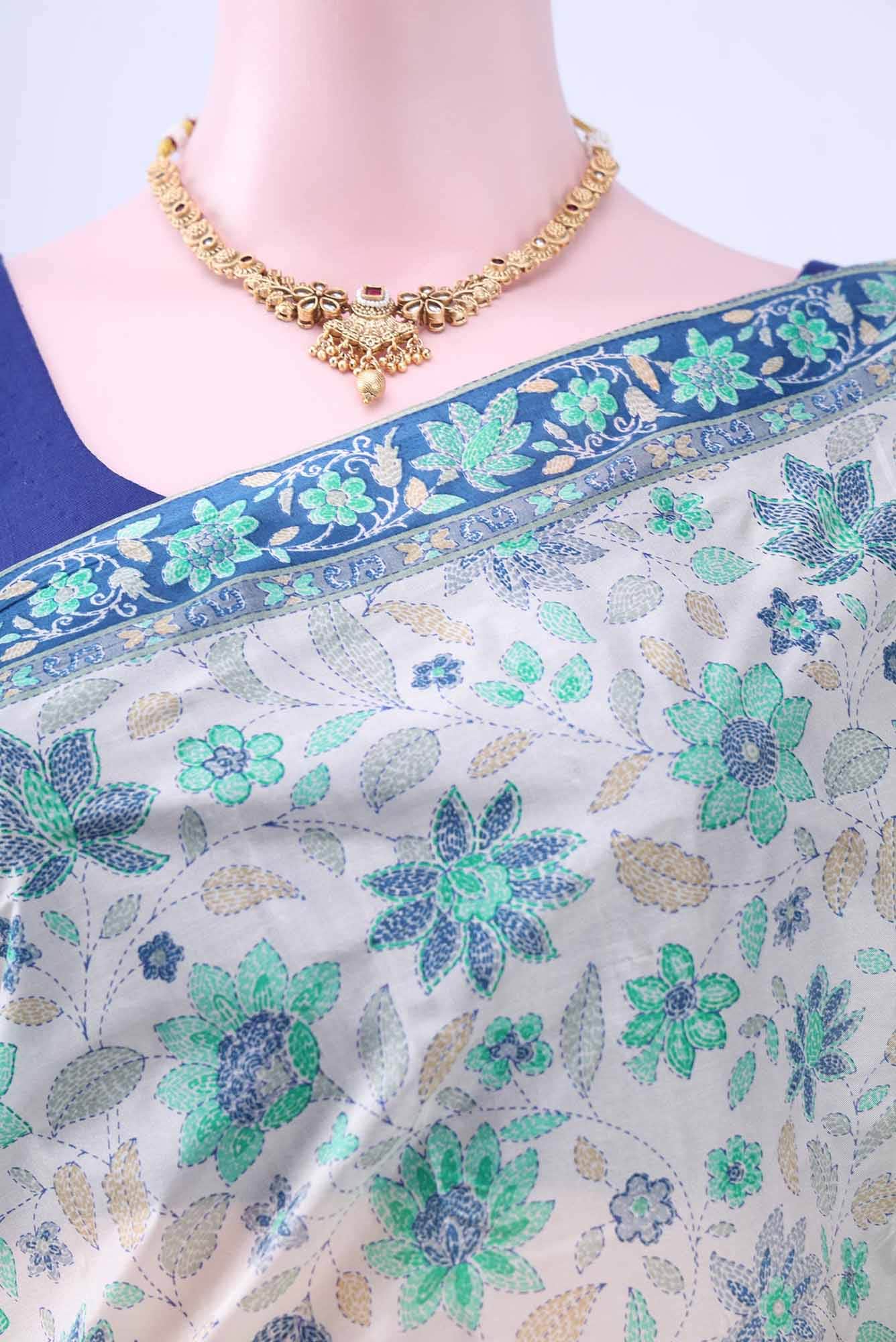 Off White Printed Silk Saree - Image 2