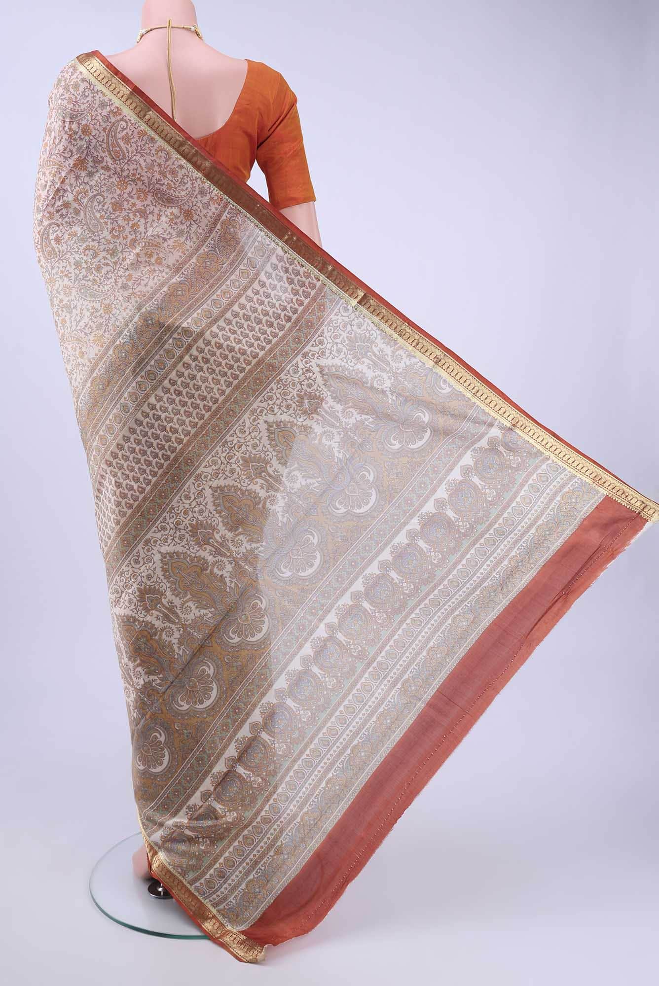 Off White Printed Silk Saree - Image 2