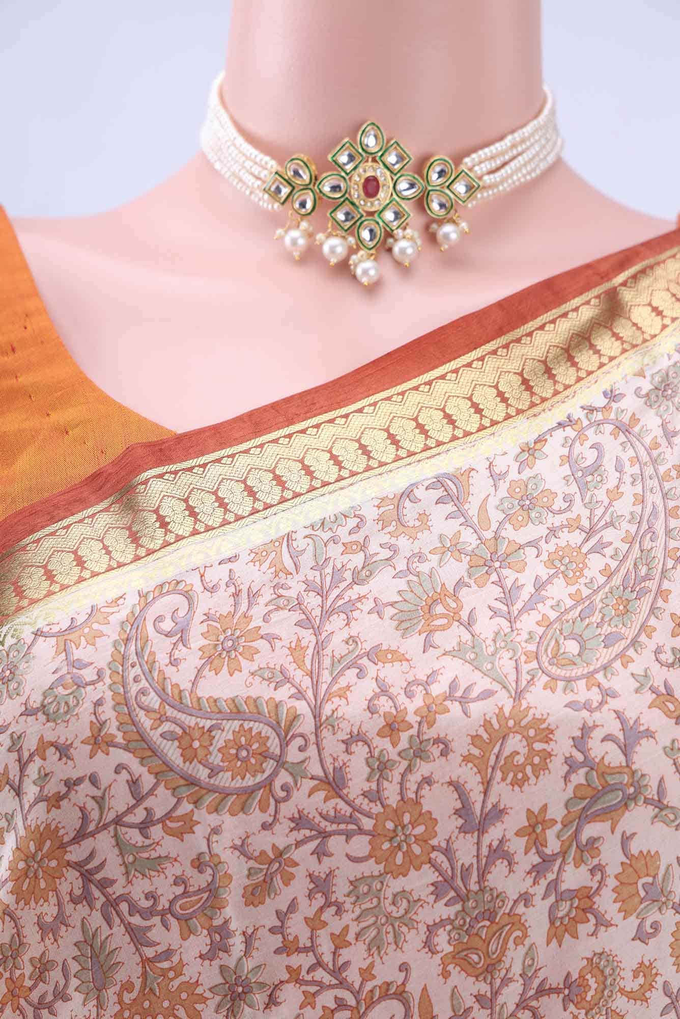 Off White Printed Silk Saree - Image 3