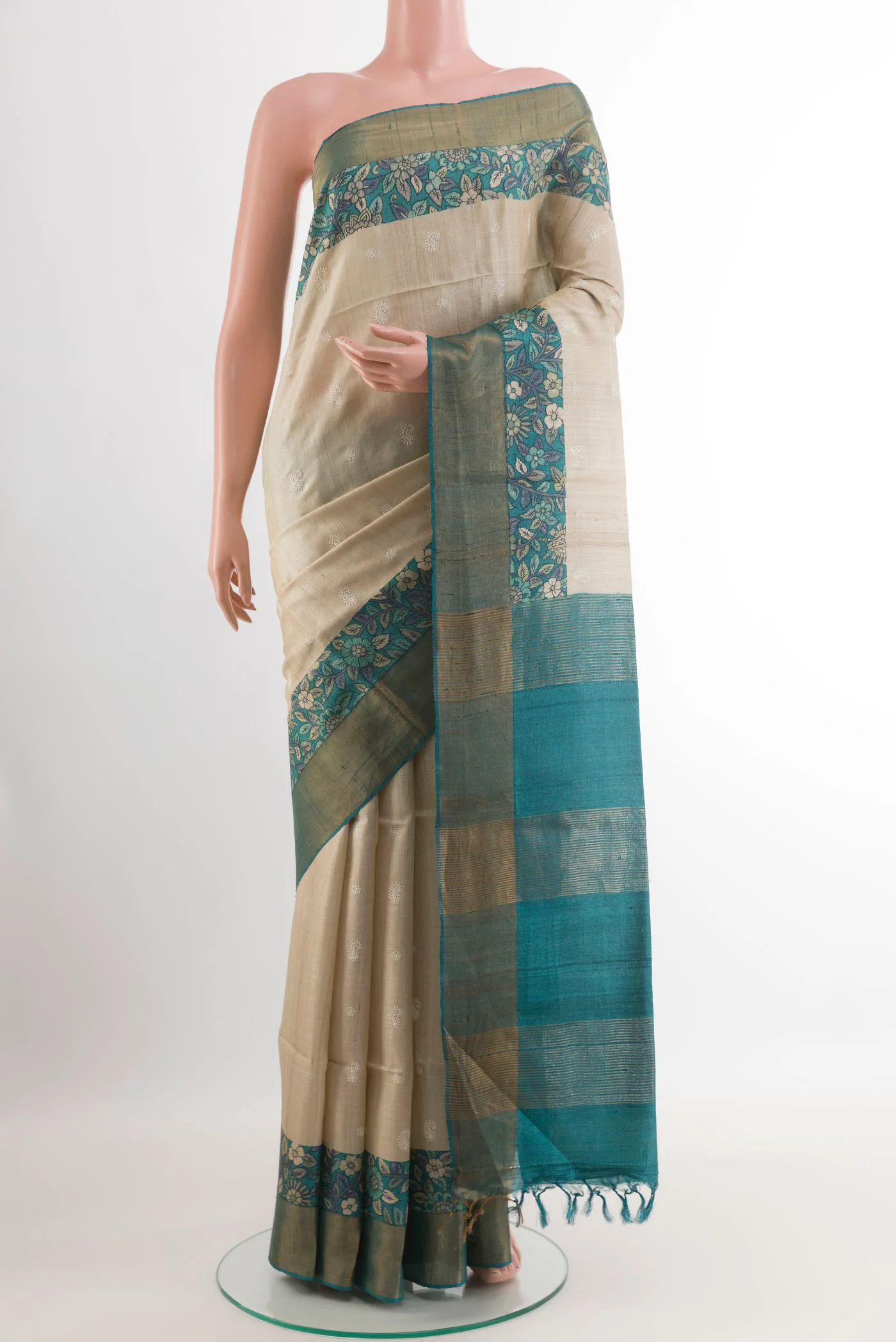 Cream Tussar Silk Saree