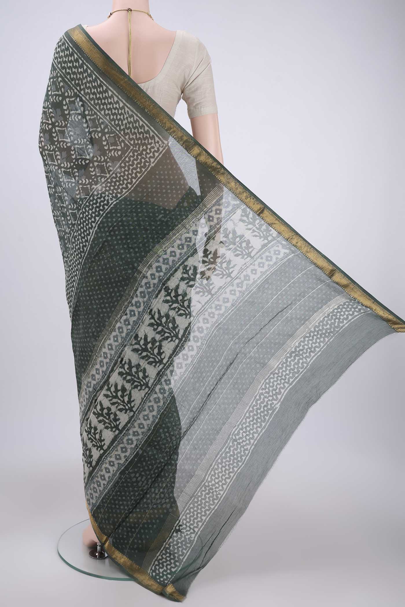 Olive Green Maheshwari Silk Cotton Saree - Image 3
