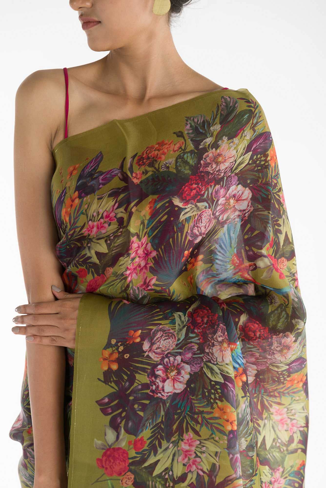 Hyacinth Macaws Olive Green Satin Organza Saree - Image 2