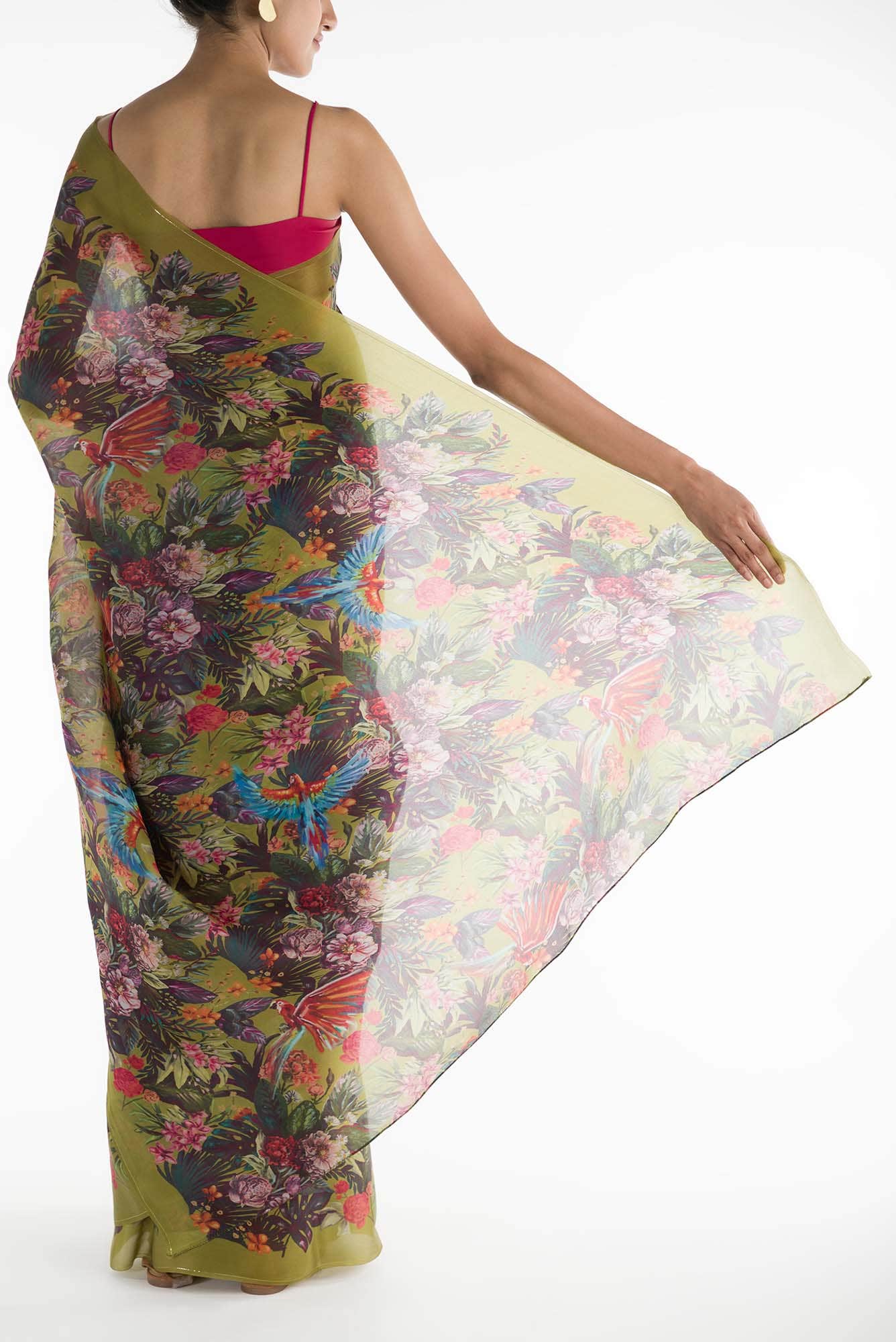 Hyacinth Macaws Olive Green Satin Organza Saree - Image 3