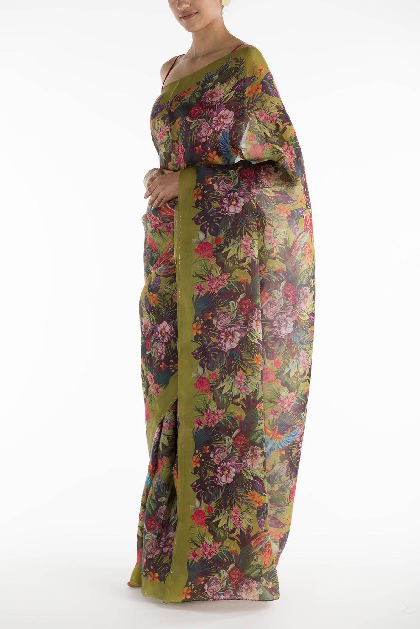 Hyacinth Macaws Olive Green Satin Organza Saree - Image 4