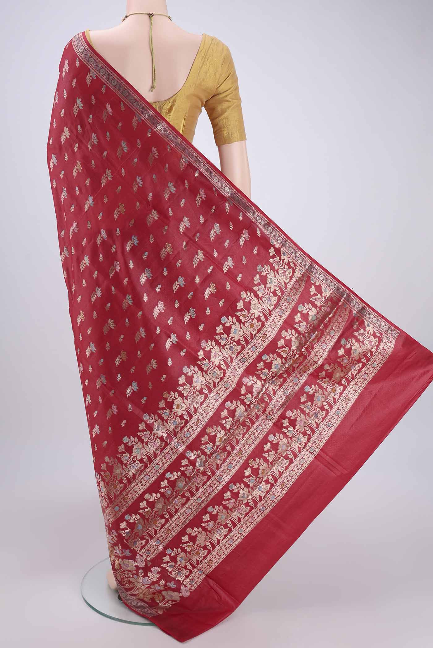 Deep Red Banarasi Tussar Silk Saree - Image 3