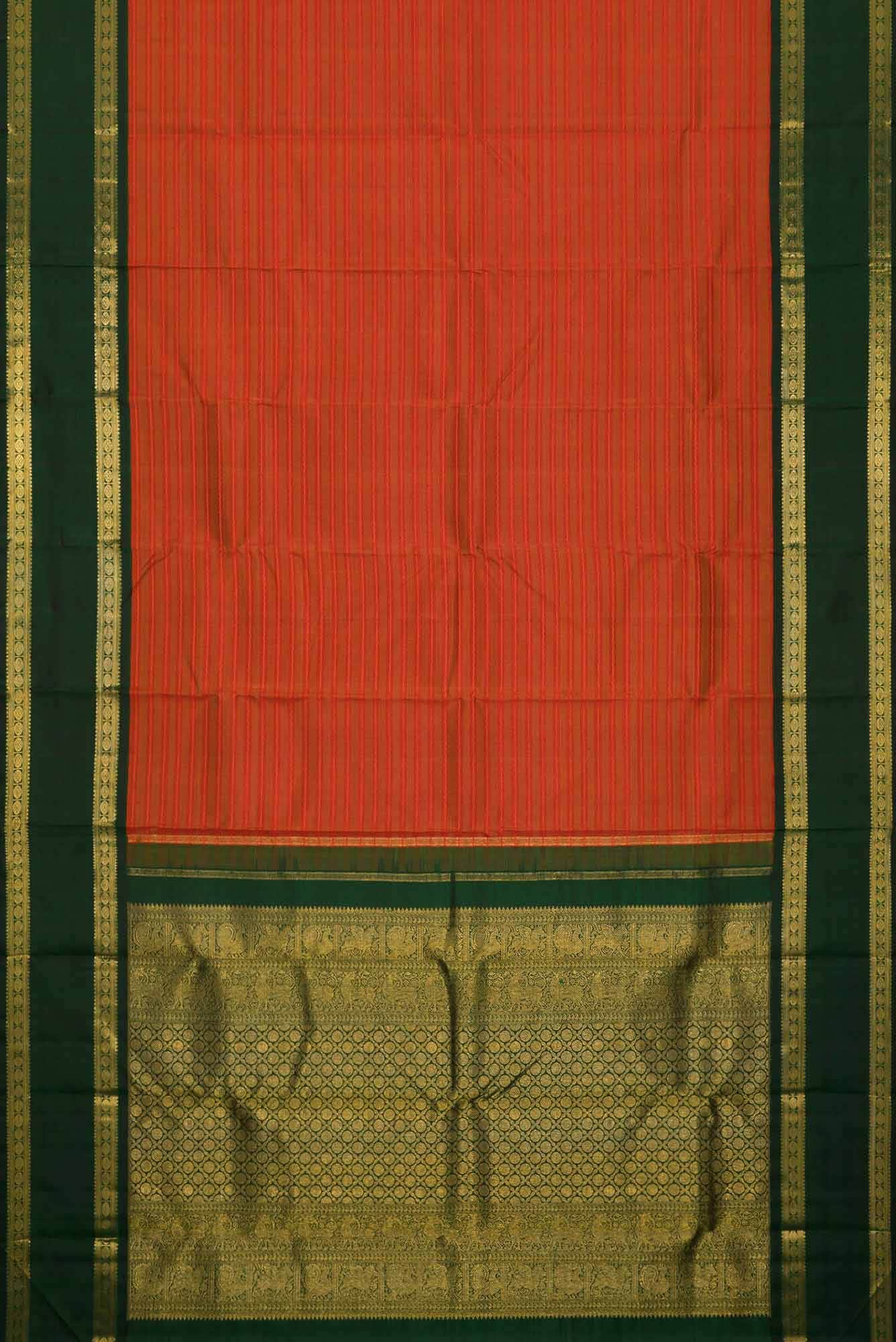 Pure Silk Pure Zari Orange Dual Tone Kanchipuram Saree - Image 4