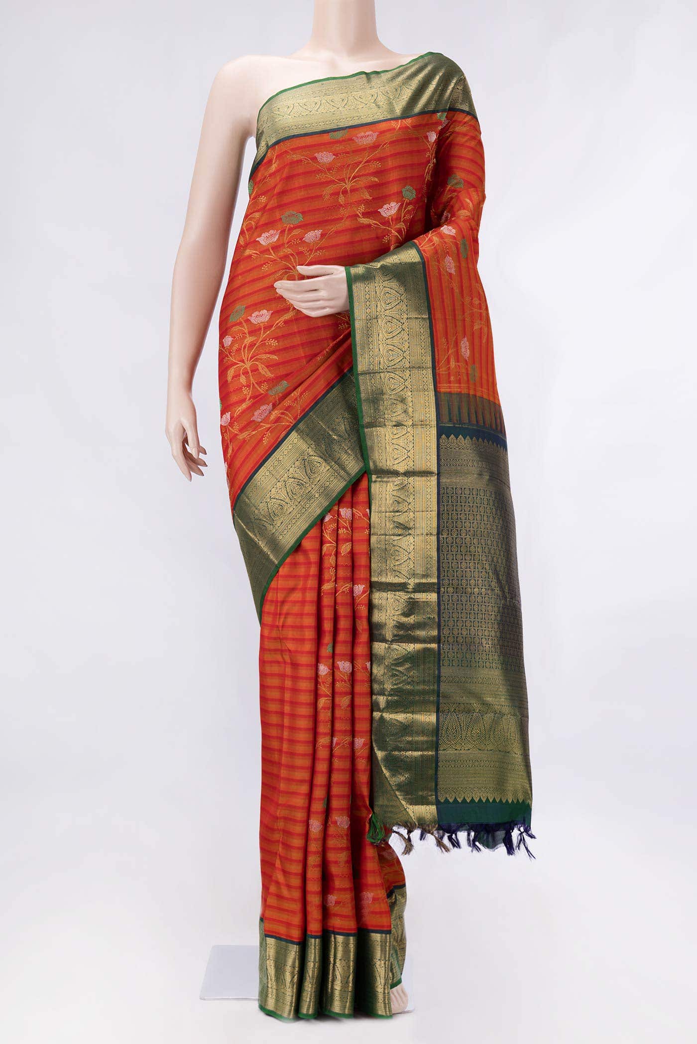 Pure Silk Pure Zari Orange Dual Tone Kanjivaram Saree