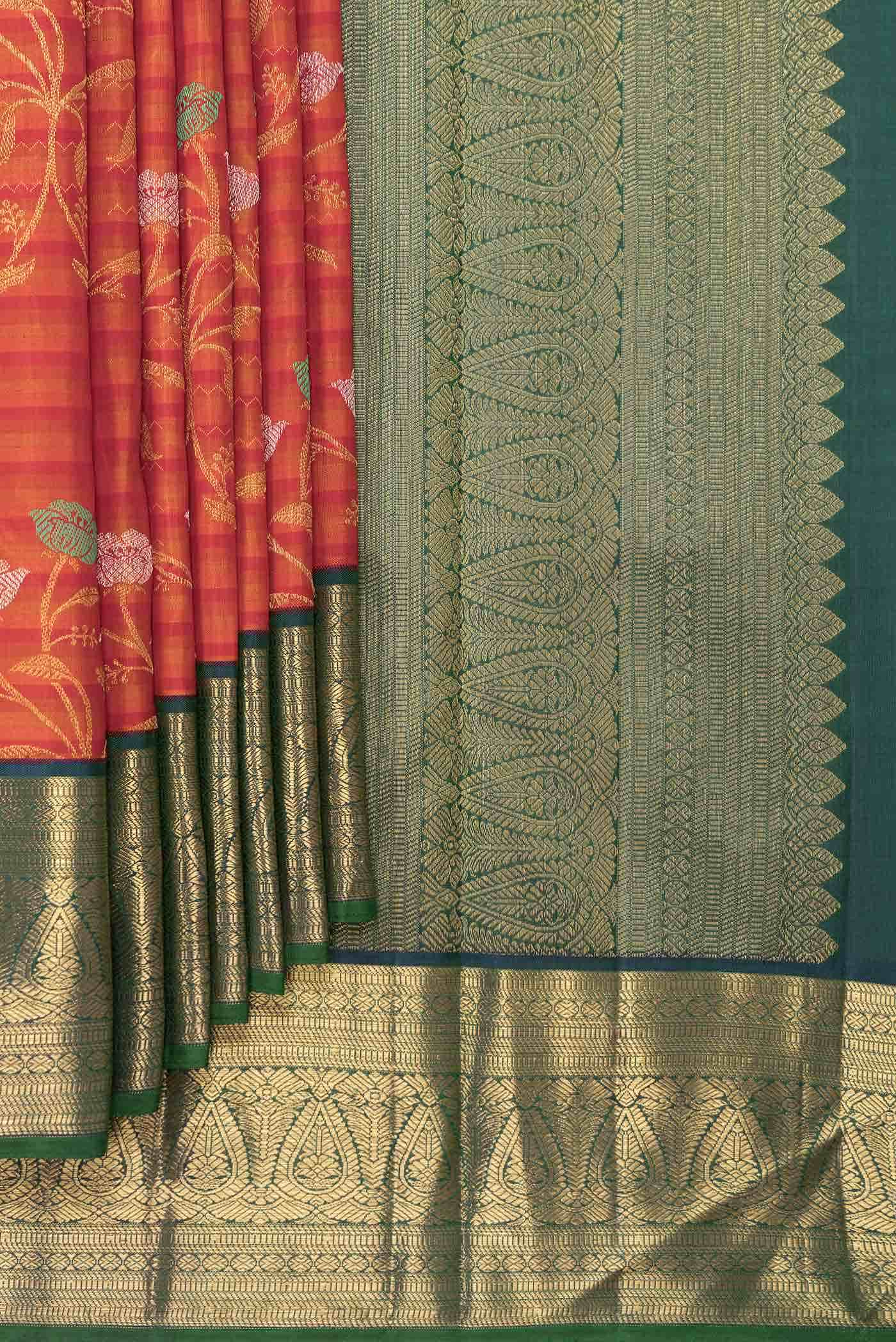 Pure Silk Pure Zari Orange Dual Tone Kanjivaram Saree - Image 2