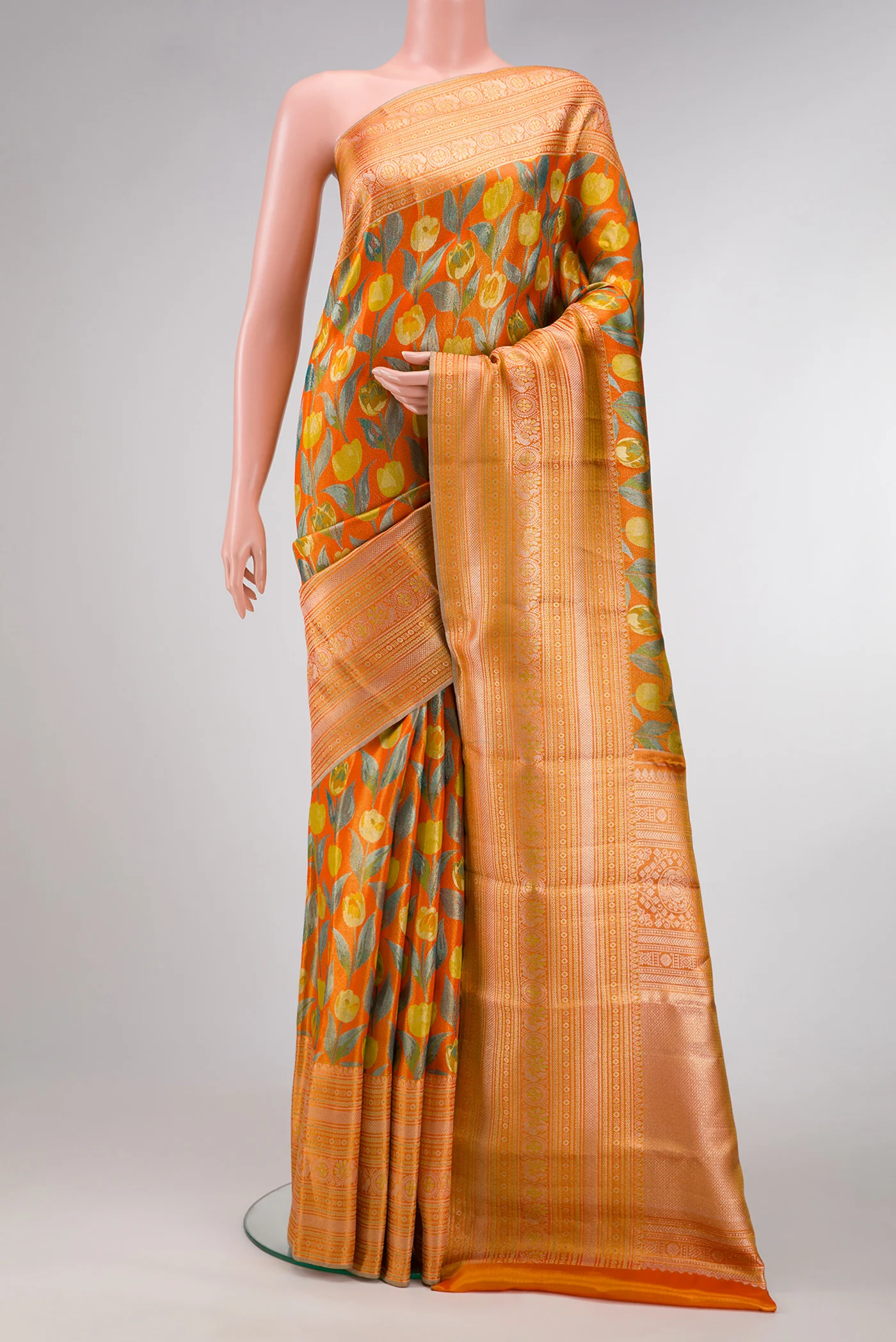 Orange Dual Tone Kanjivaram Tissue Silk Saree