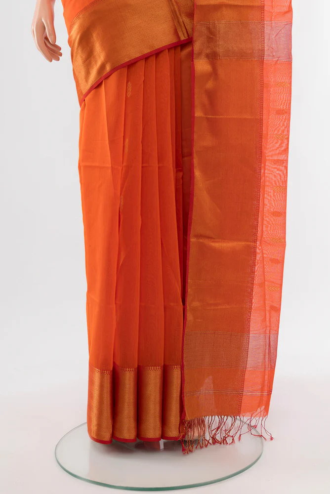 Orange Maheshwari Silk Cotton Saree - Image 3