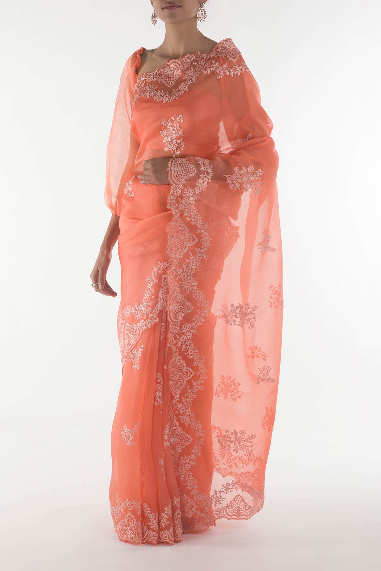 Peonia Orange floral design saree from Embroidered Romance Collection by Nalli - Image 6