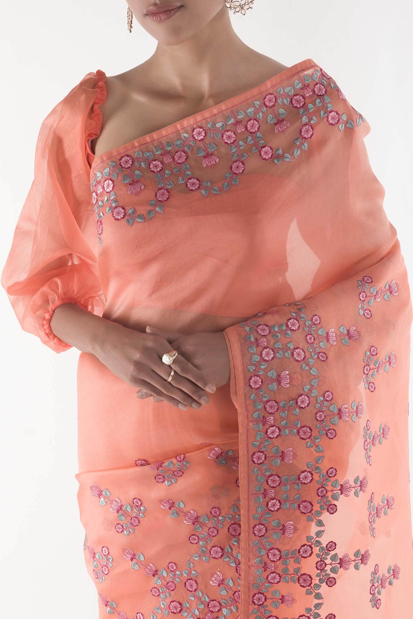 Ethereal Love Orange floral design saree from Embroidered Romance Collection by Nalli - Image 2