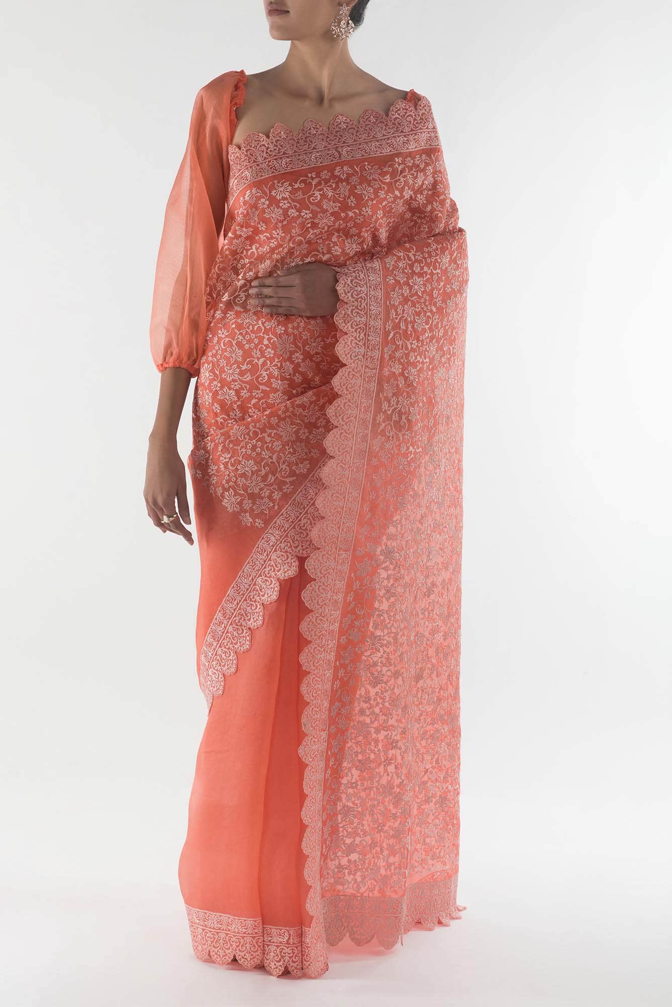 Iris waltz Orange floral design saree from Embroidered Romance Collection by Nalli - Image 2