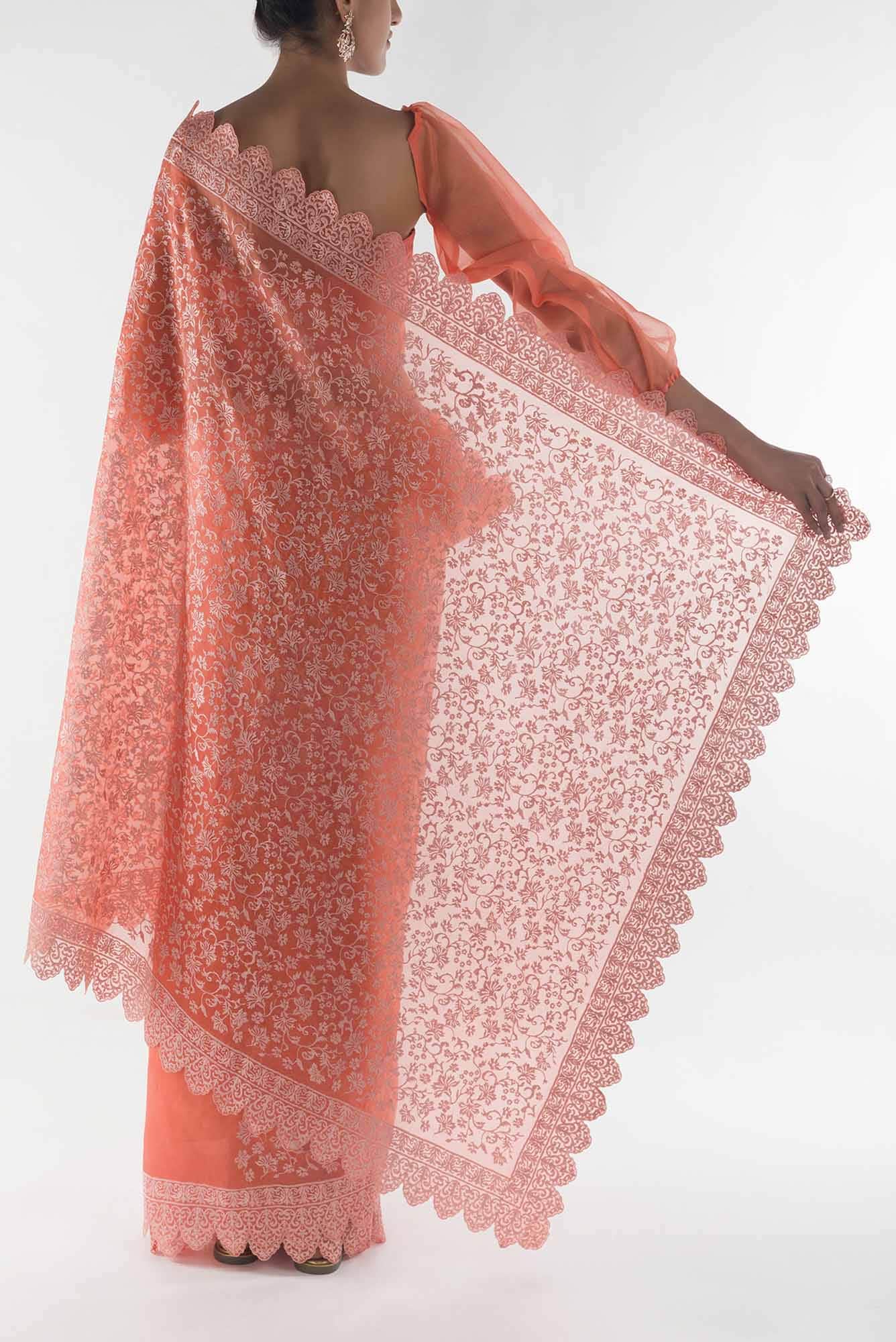 Iris waltz Orange floral design saree from Embroidered Romance Collection by Nalli - Image 4