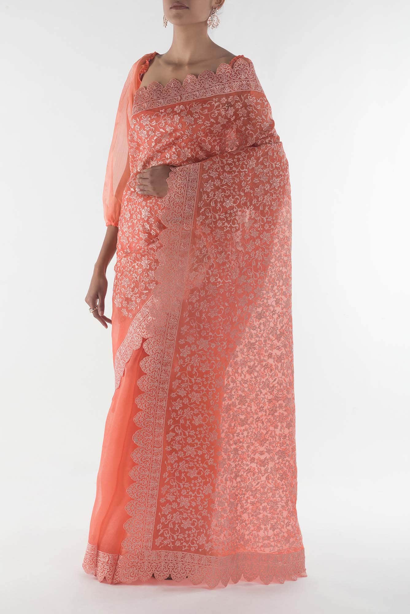 Iris waltz Orange floral design saree from Embroidered Romance Collection by Nalli - Image 6