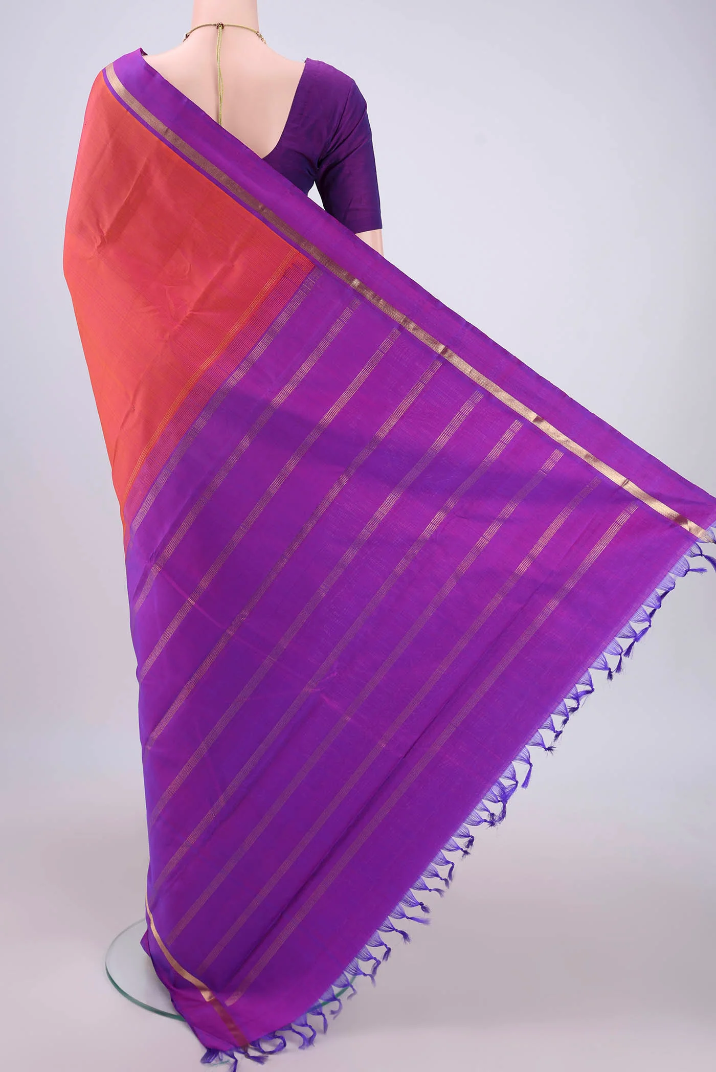 Orange with Pink Color Kanjivaram Silk Saree - Image 3