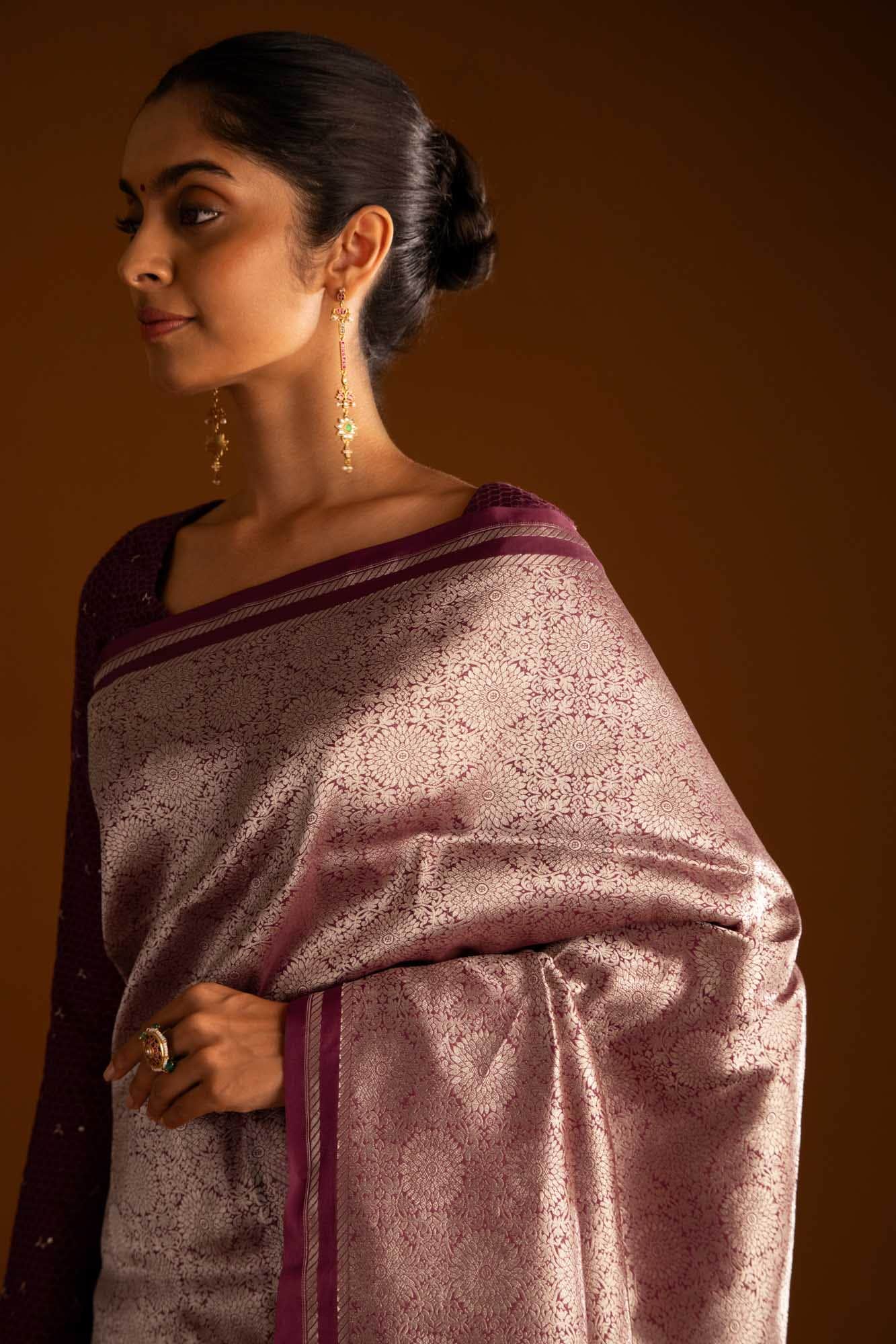Ottoman Flowers-Maroon Banarasi Silk Saree - Image 4