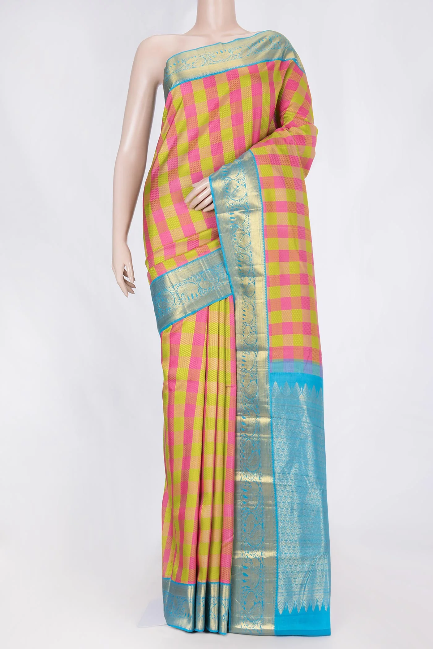 Parrot Green and Pink Color Kanchipuram Saree