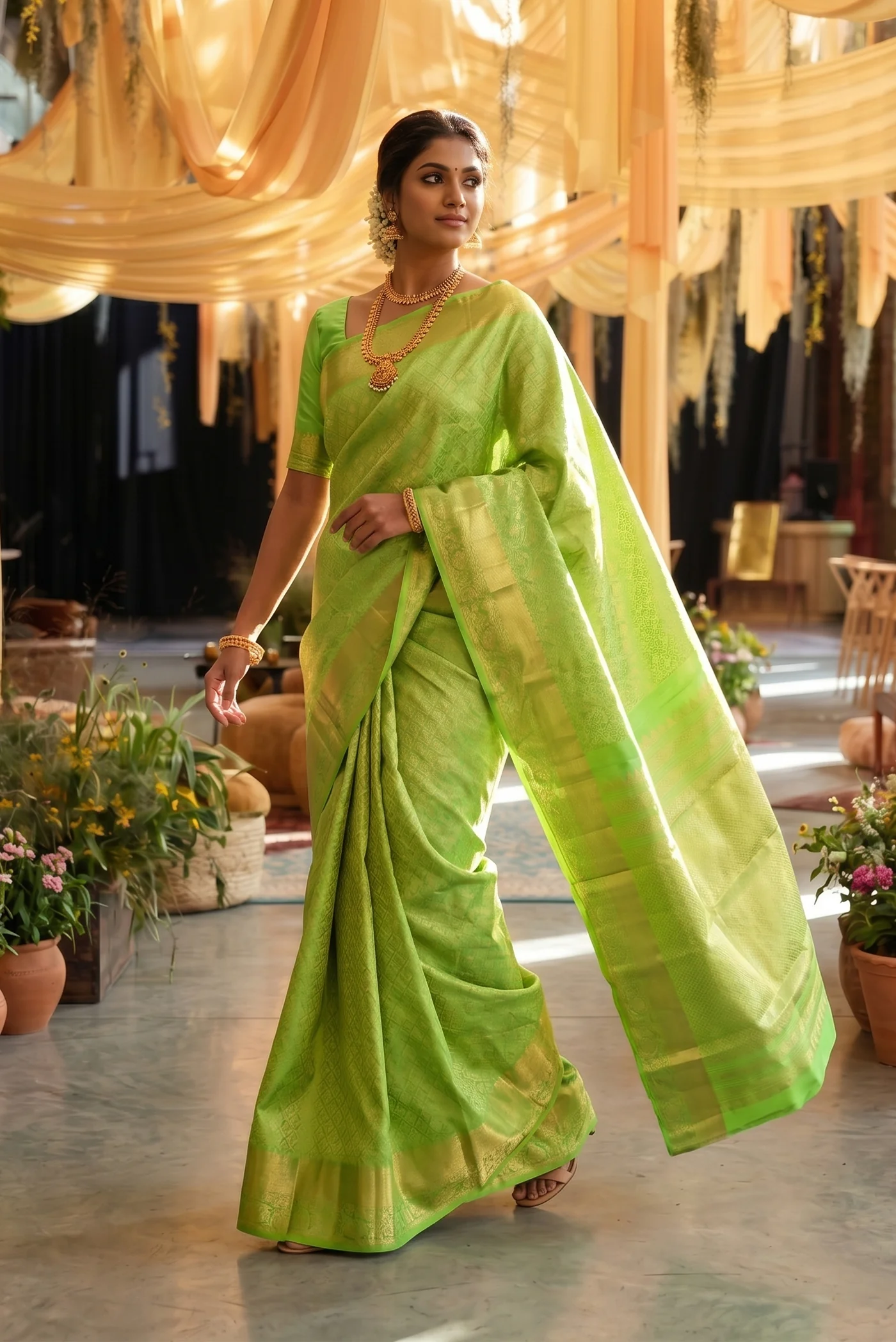 Parrot Green Kanchipuram Silk Saree