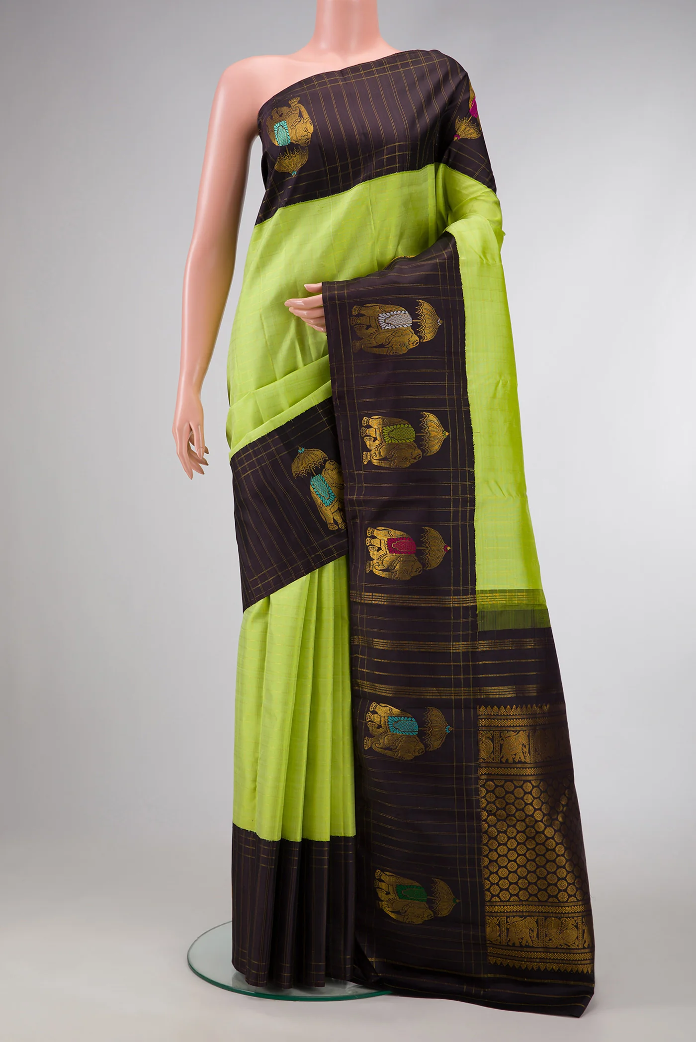 Pure Silk Pure Zari Parrot Green Kanchipuram Saree