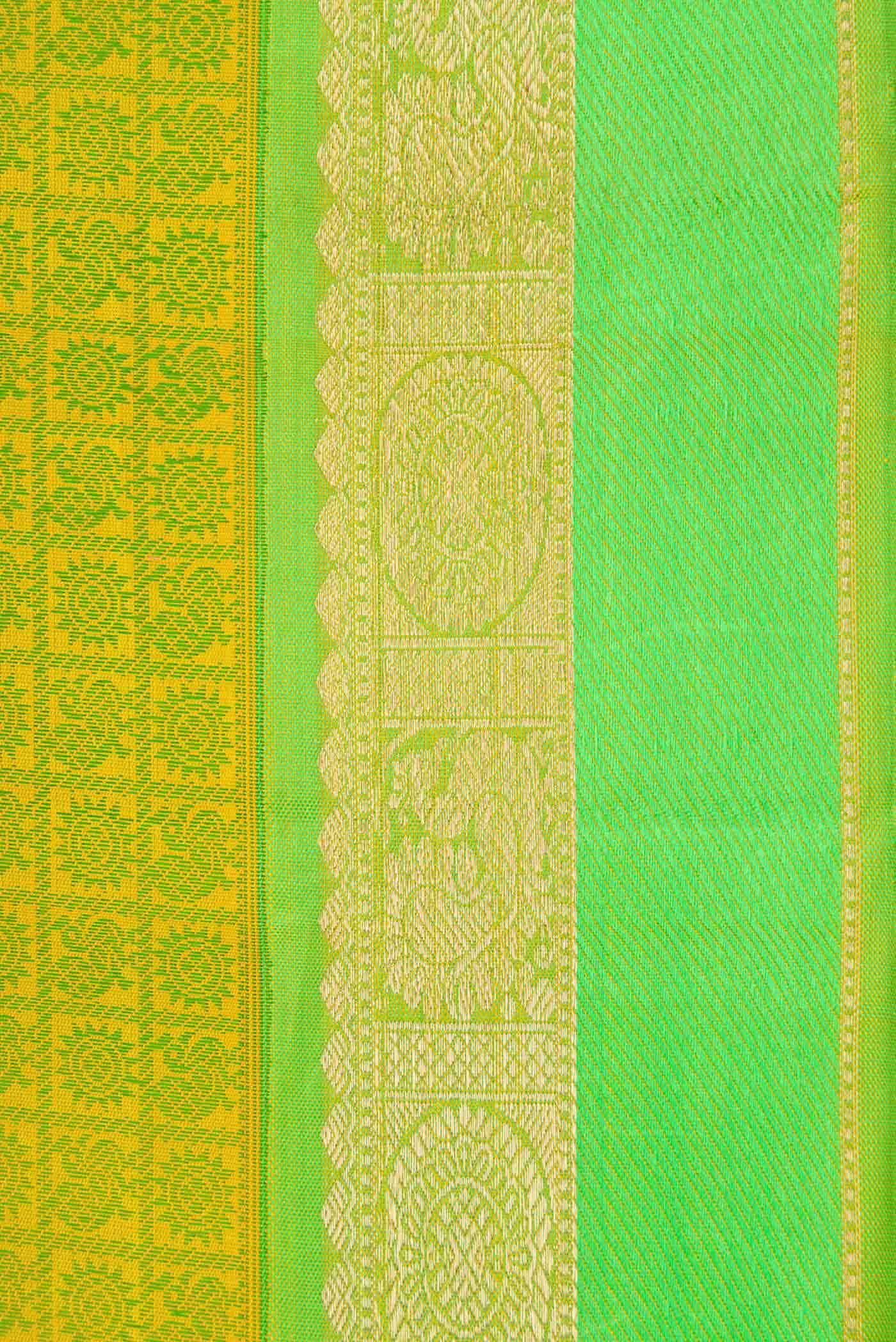 Pure Silk Pure Zari Parrot Green Dual Tone Kanchipuram Saree - Image 6
