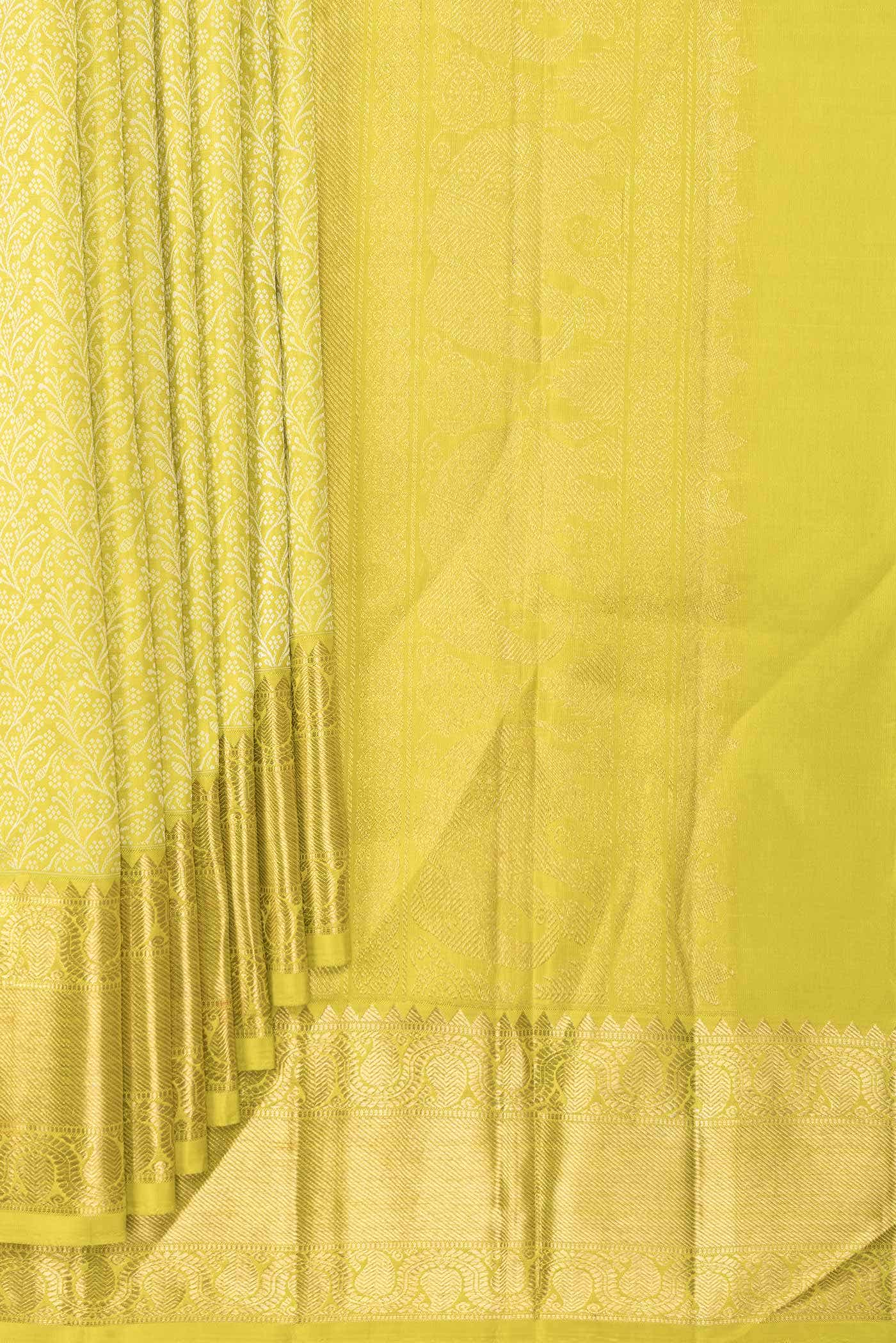 Pure Silk Pure Zari Parrot Green Dual Tone Kanchipuram Saree - Image 2