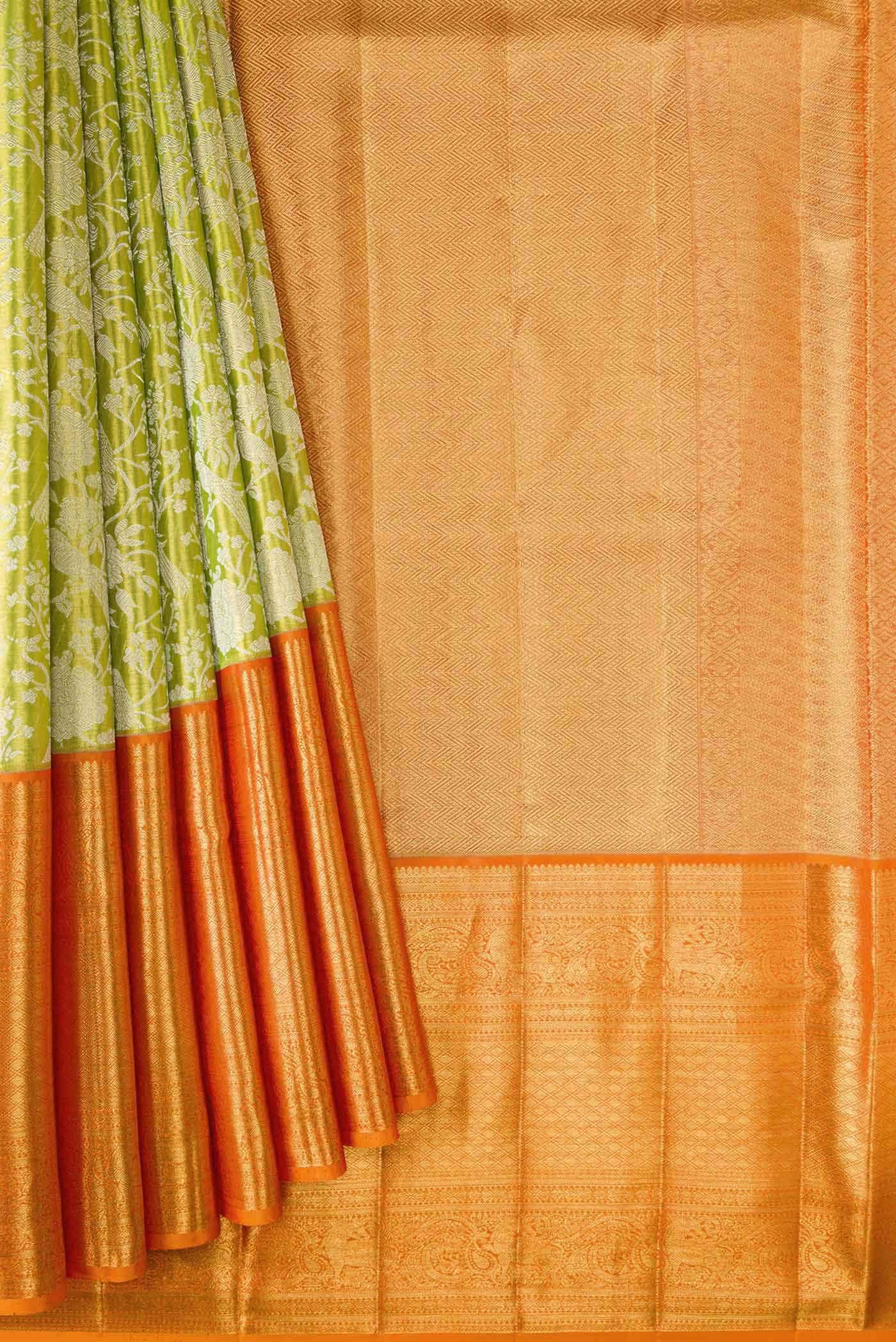Parrot Green Dual Tone Kanjivaram Tissue Silk Saree - Image 2
