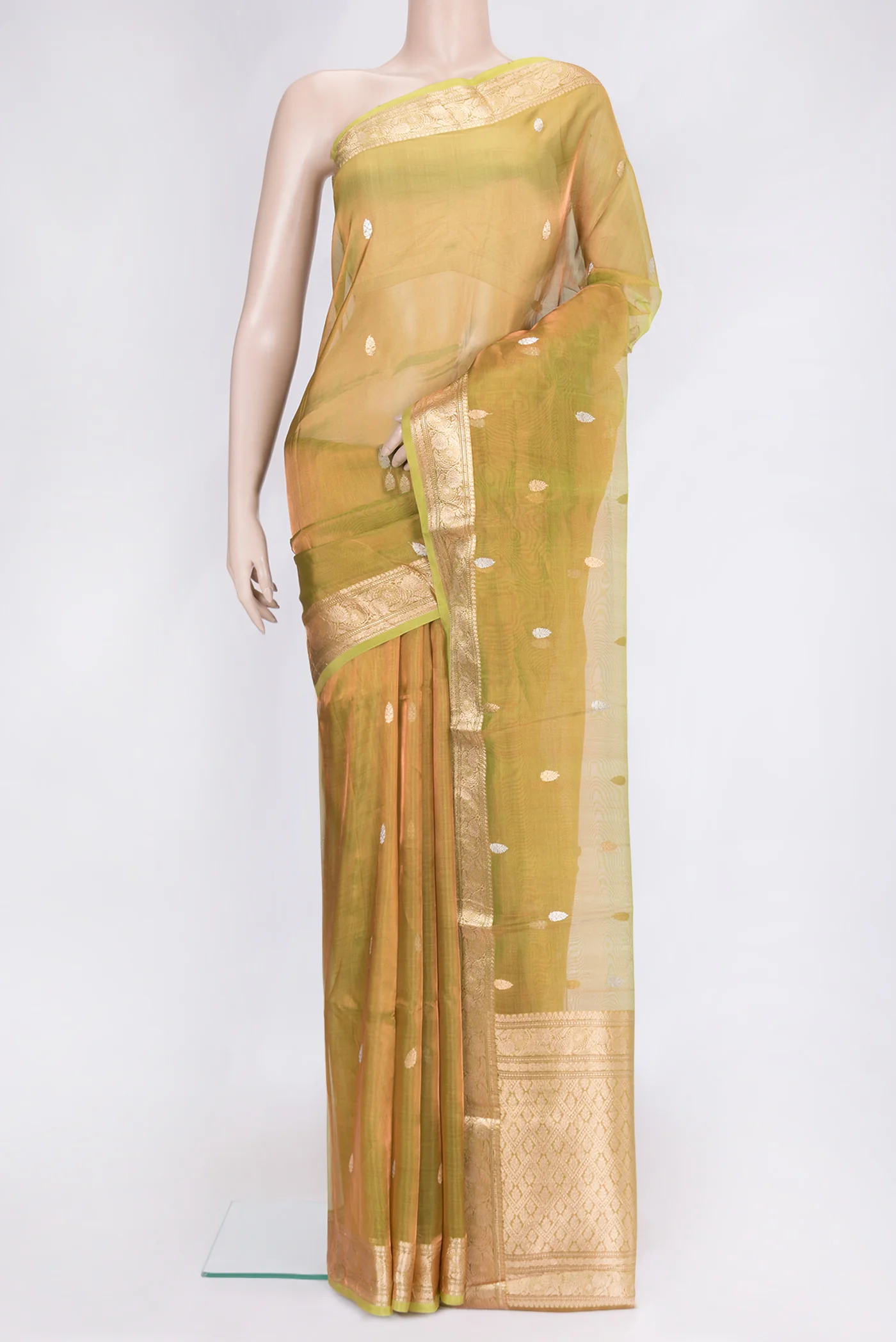 Green with Orange Color Organza Silk Saree