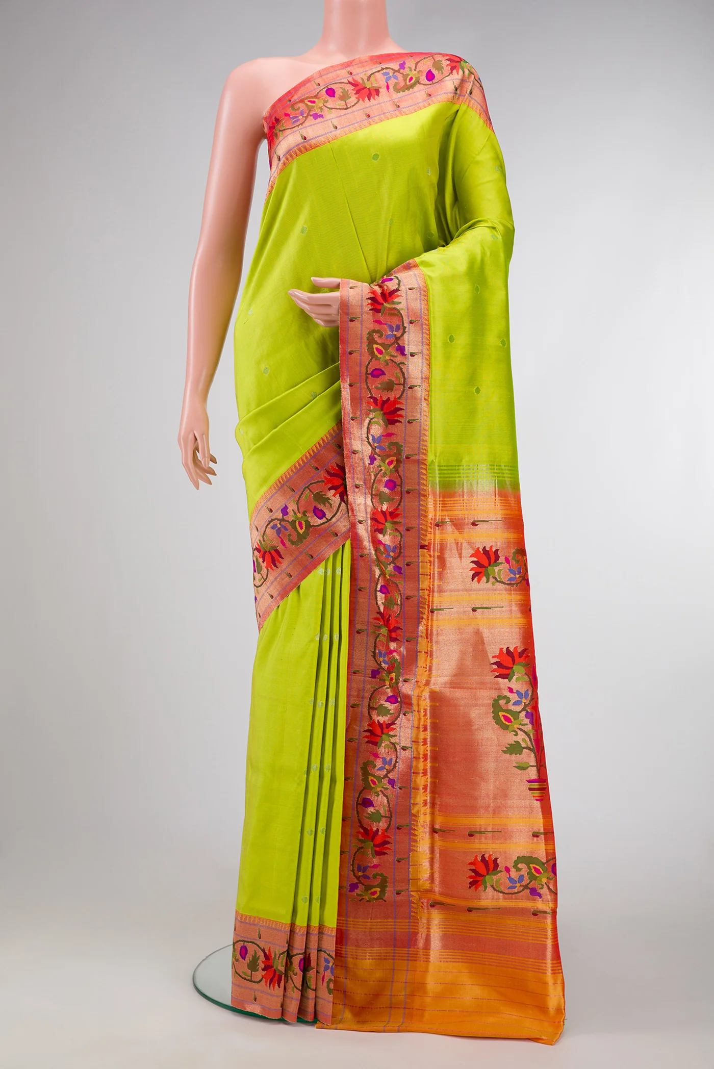 Pure Silk Pure Zari Parrot Green Paithani Saree