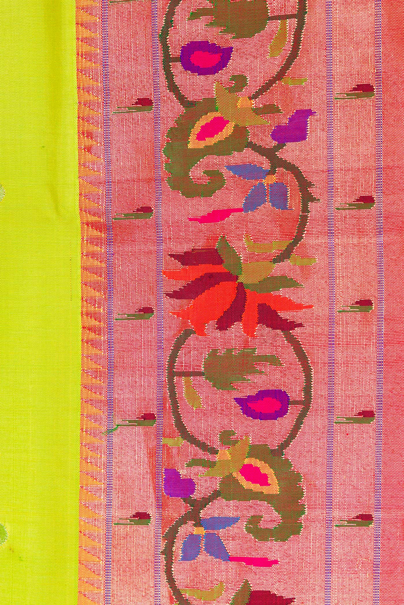 Pure Silk Pure Zari Parrot Green Paithani Saree - Image 3
