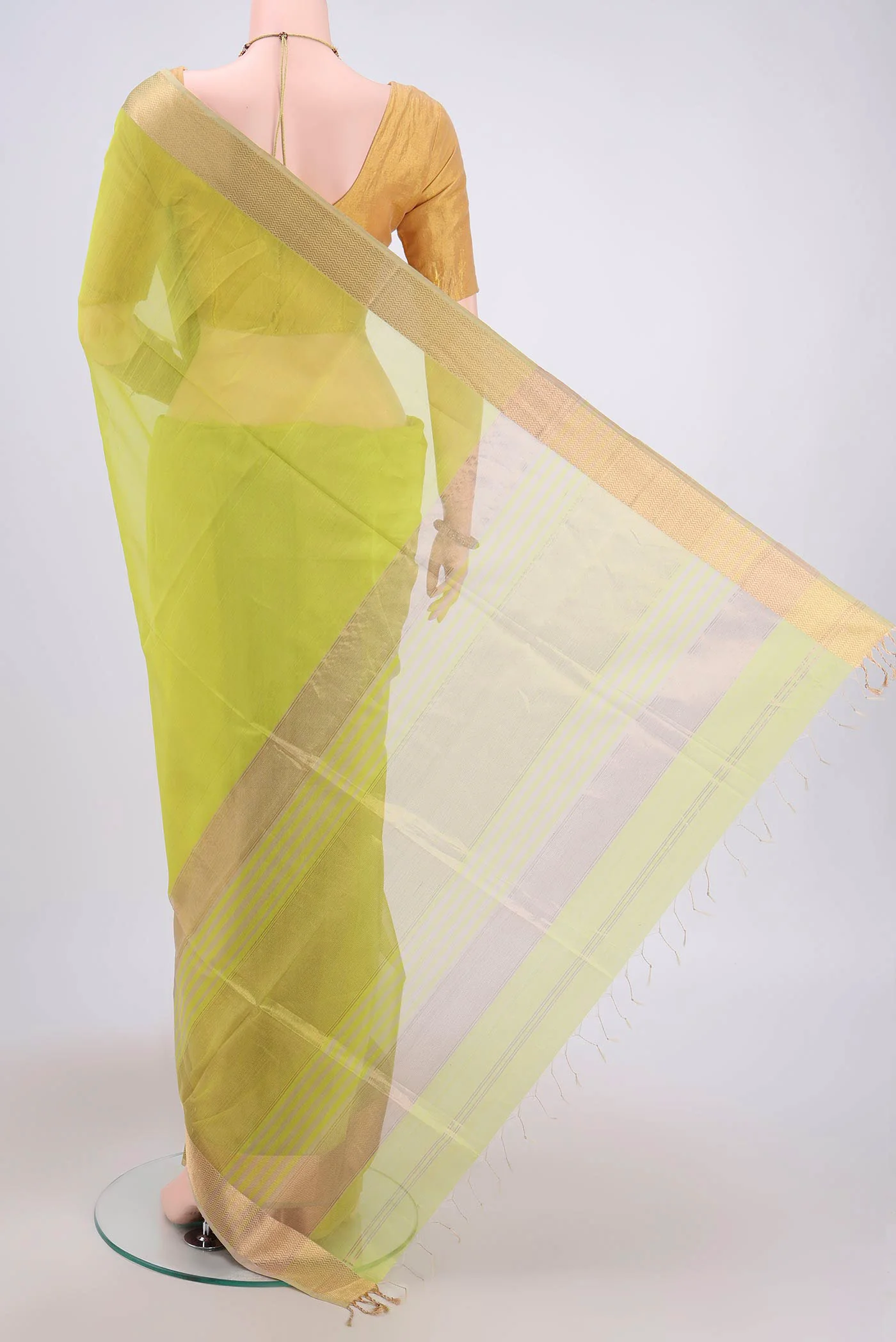 Lemon Yellow Maheshwari Silk Cotton Saree - Image 3