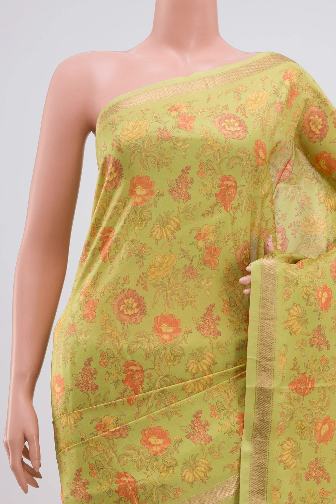 Light Green Printed Silk Saree - Image 2