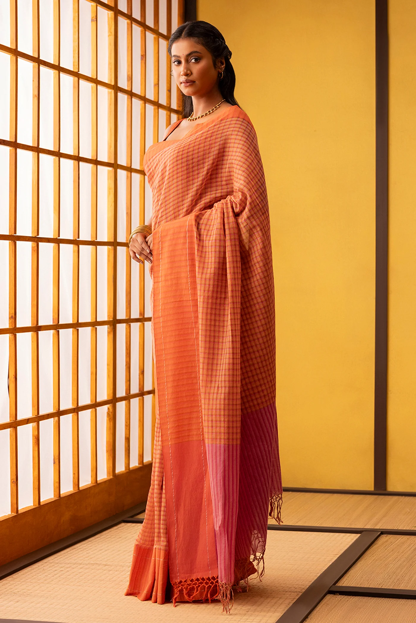 Patang-Orange Cotton Saree - Image 3