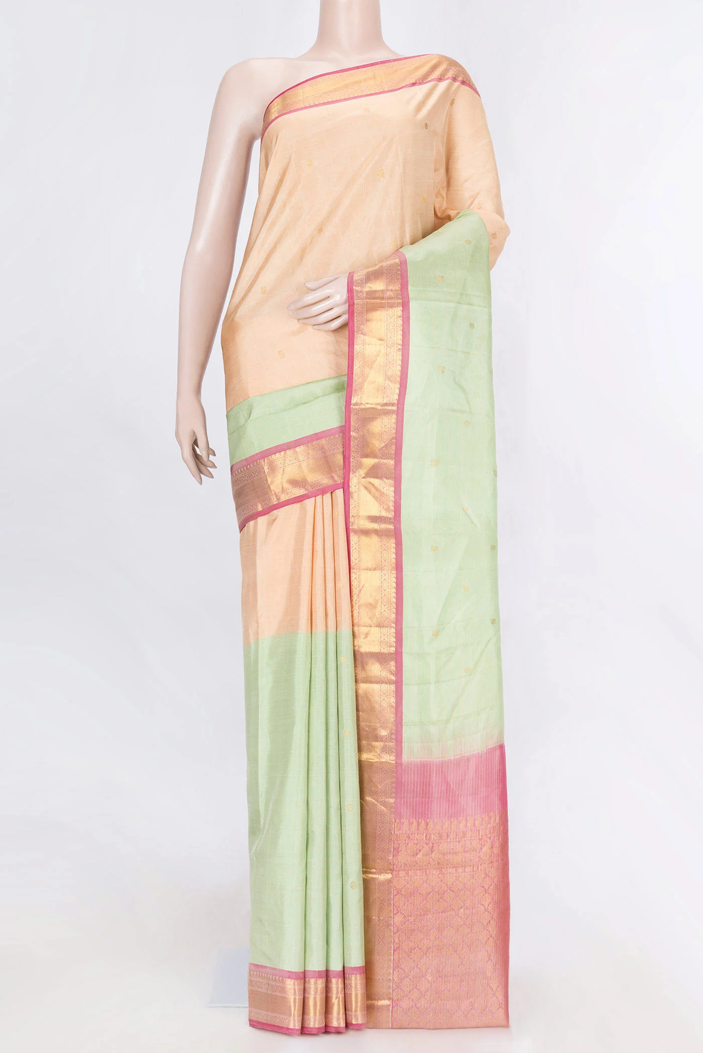 Peach and Green Color Kanchipuram Silk Saree