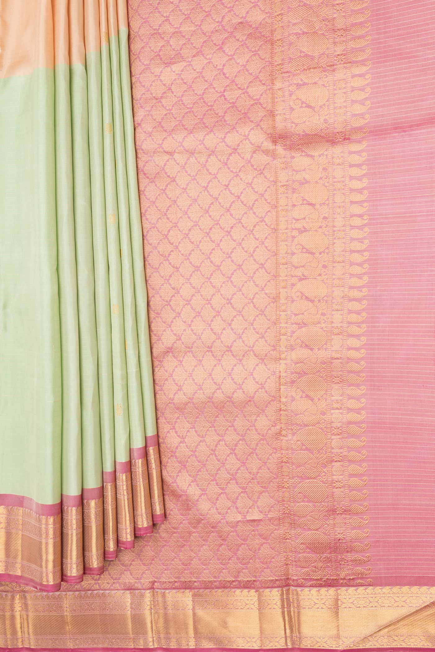 Peach and Green Color Kanchipuram Silk Saree - Image 4