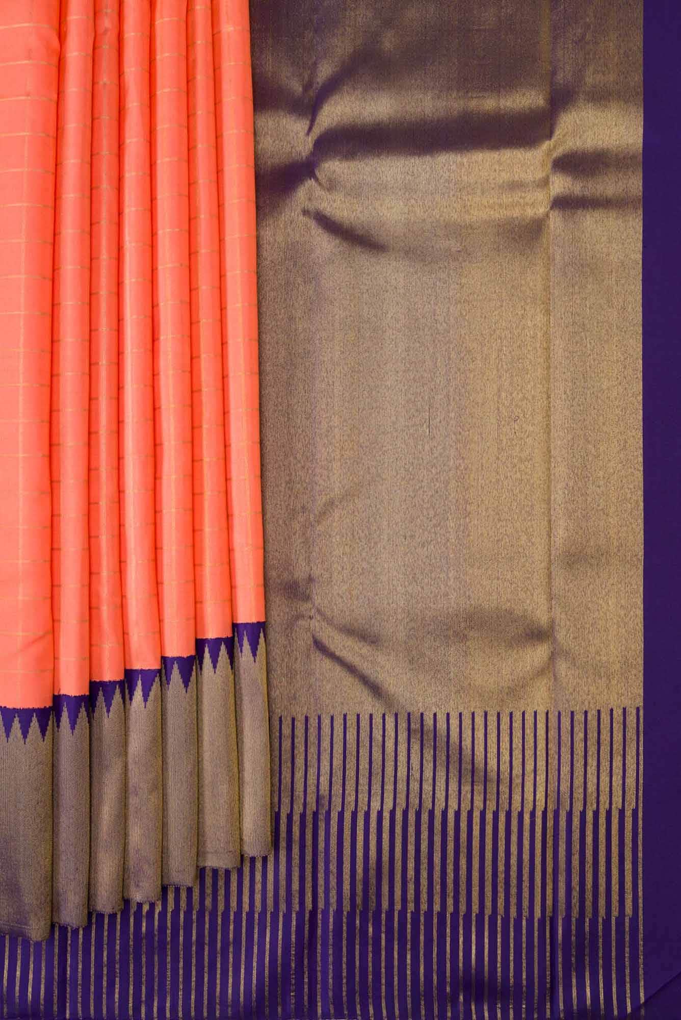 Pure Silk Pure Zari Peach Dual Tone Kanchipuram Saree - Image 2